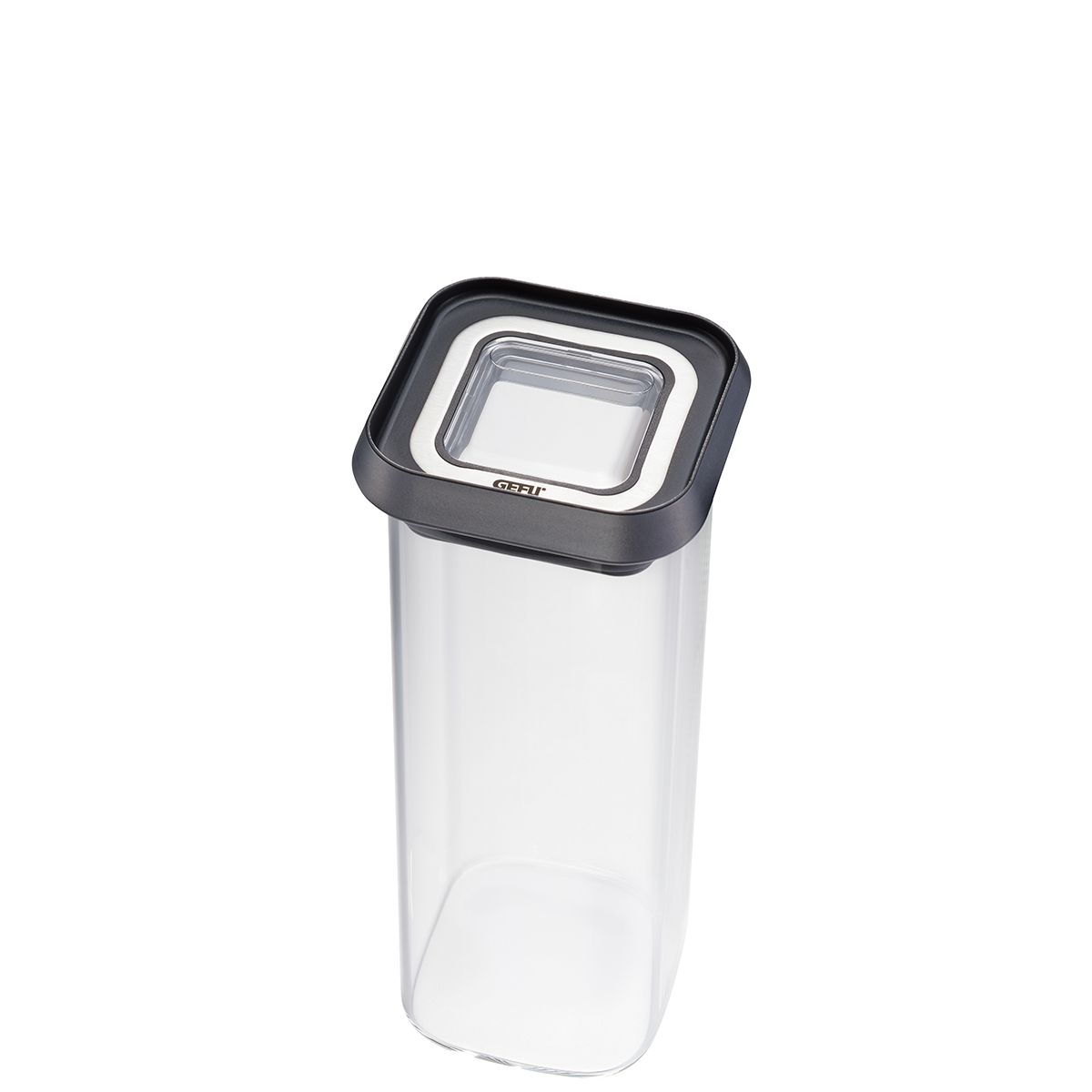Moderner Vorratsbehälter aus Glas mit schwarzem Deckel Ein transparenter Glasbehälter mit schwarzem Deckel zur Aufbewahrung von Lebensmitteln