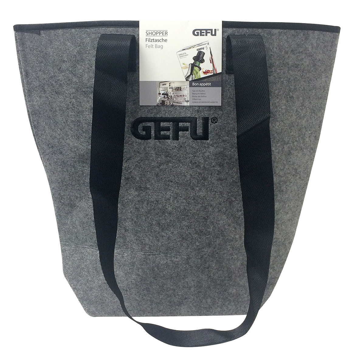 Graue GEFU Filztasche mit schwarzen Griffen, ideal für den Einkauf