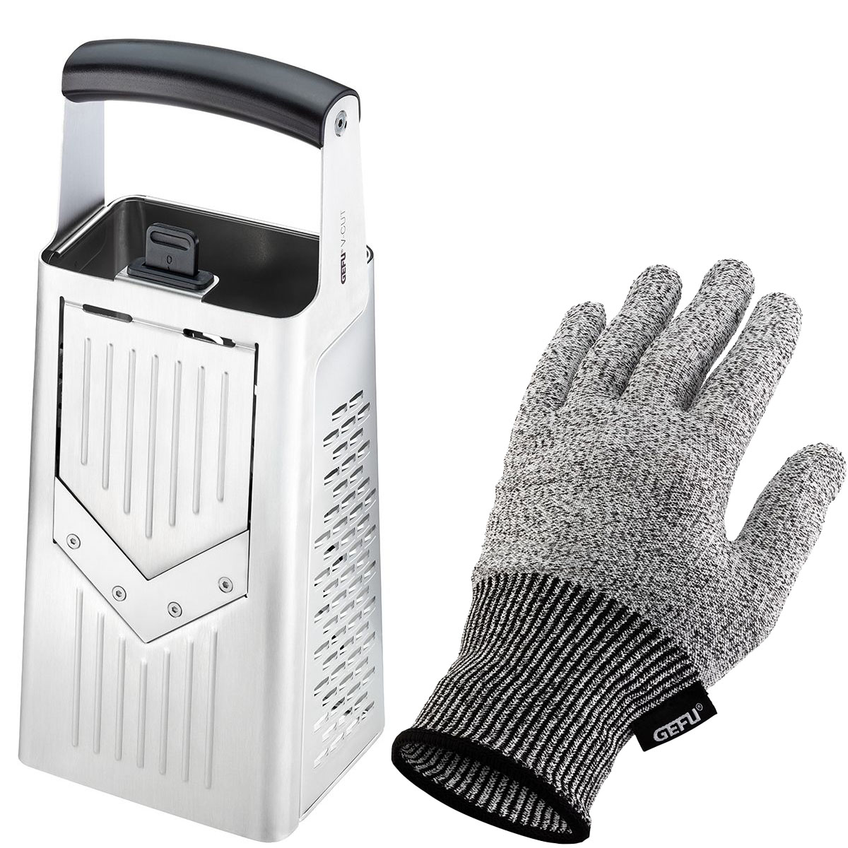 Hochwertige Reibe mit Schneidhandschuh aus Edelstahl und Sicherheitsgriff Hochwertige Edelstahlreibe und schützender Schneidhandschuh abgebildet