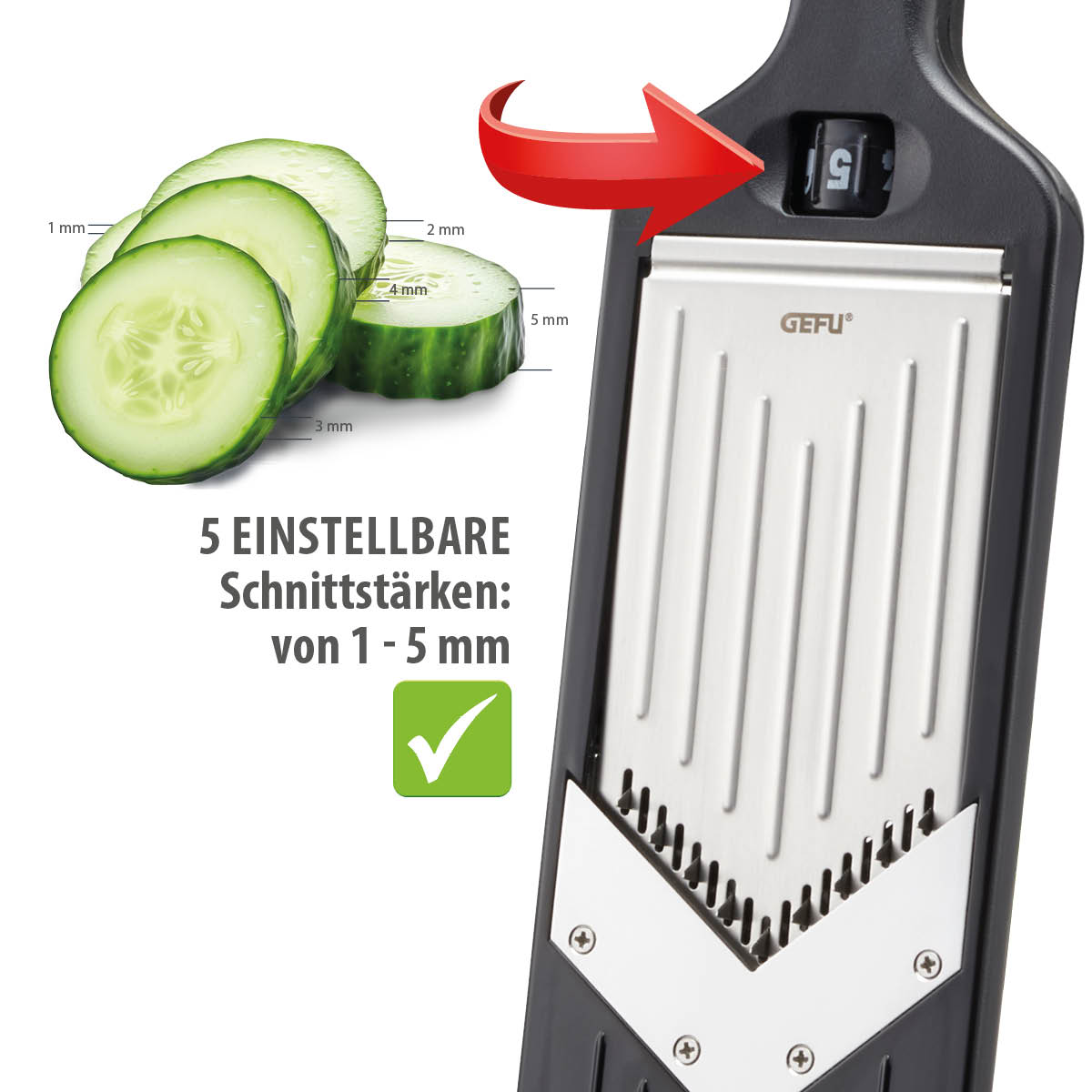 Mandoline mit Gurkenscheiben und einstellbaren Schnittstärken von 1 bis 5 mm