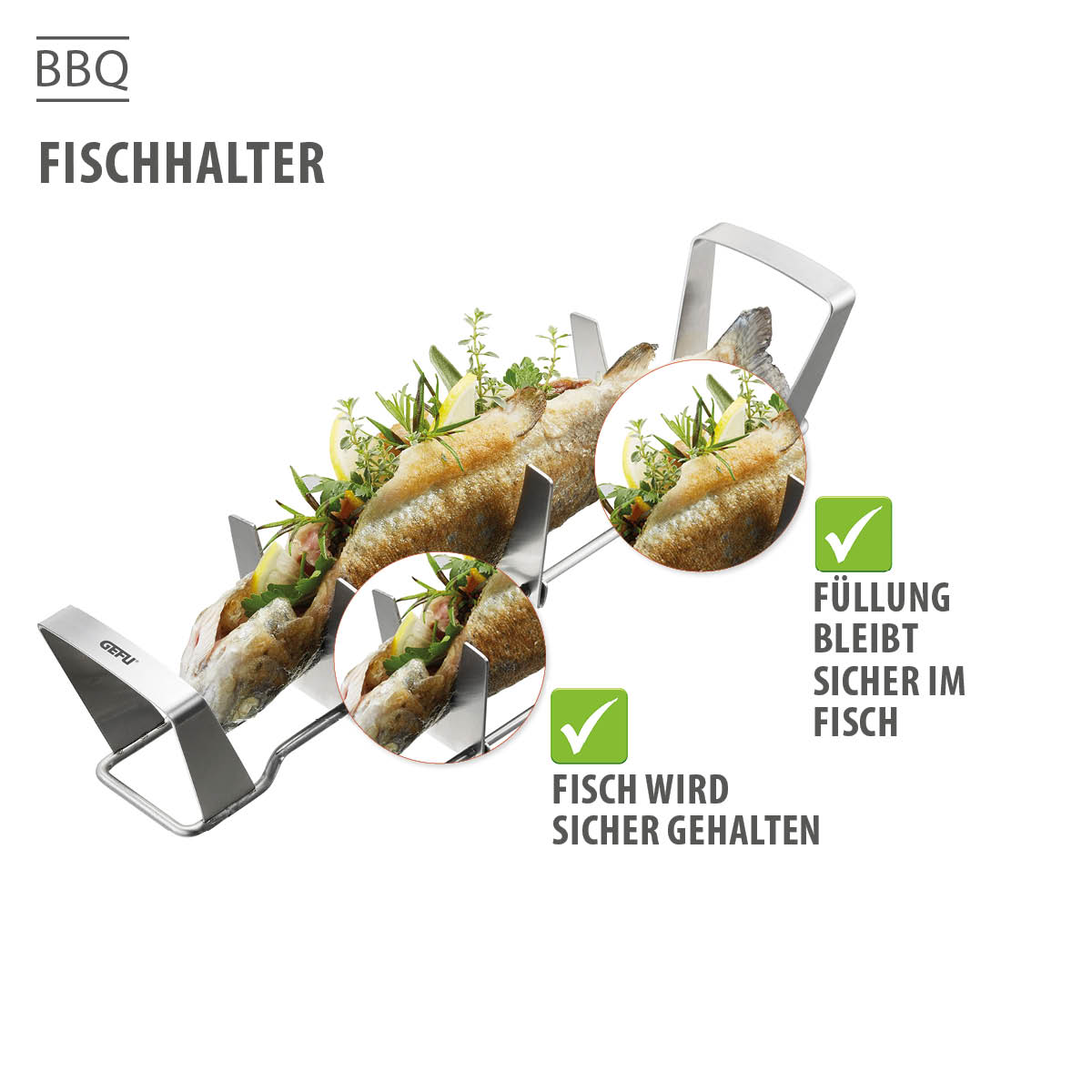Hochwertiger Fischhalter für sicheres Grillen beim BBQ Fischhalter aus Edelstahl mit zwei Fischen und Kräutern beim Grillen