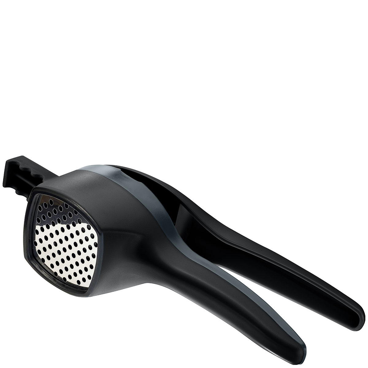 Schwarze Kartoffelpresse aus Edelstahl mit ergonomischem Griff, ideal zum schnellen und effizienten Zubereiten von Kartoffelpüree.
