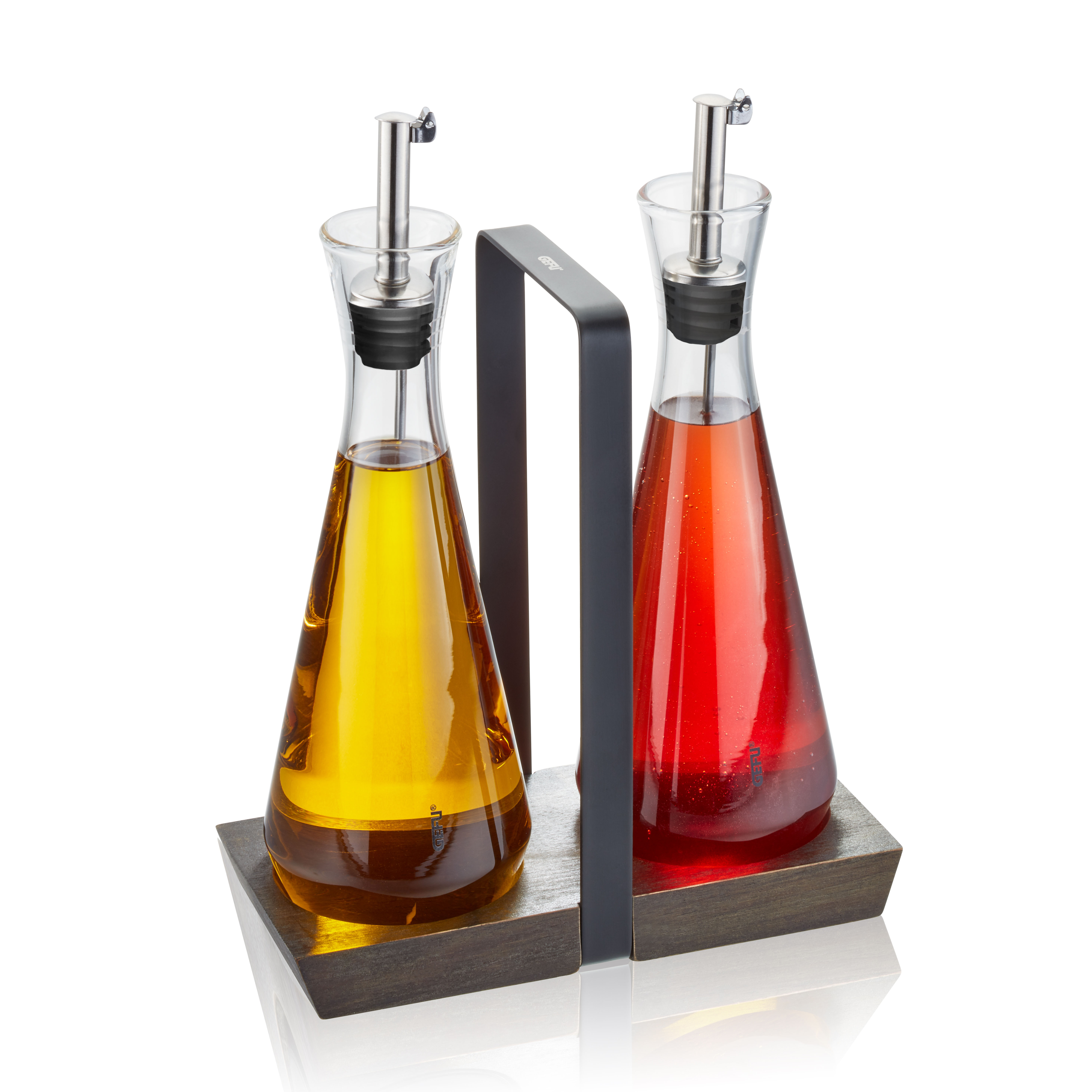 Elegantes Essig- und Öl-Karaffen-Set mit Tropfspender Zwei Karaffen mit Edelstahl-Tropfspendersystem für Essig und Öl auf einem Holzständer