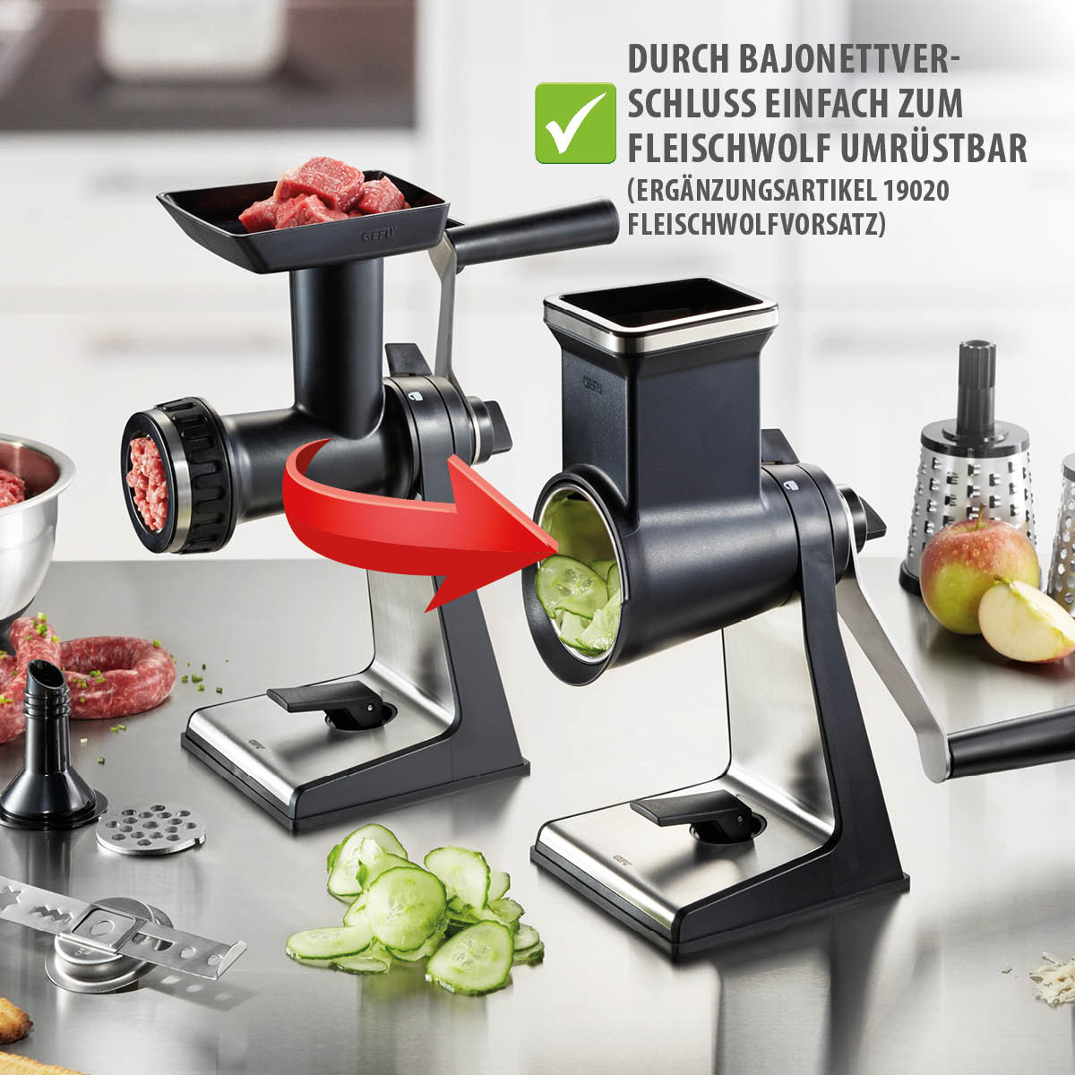 Küchenmaschine mit Bajonettverschluss zum Fleischwolf umrüstbar Ein Küchenzubehör, das mit Bajonettverschluss zu einem Fleischwolf umgebaut wird