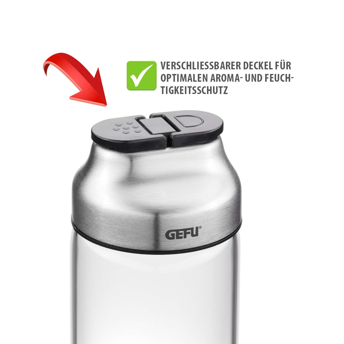 Verschließbarer Deckel für optimalen Aroma- und Feuchtigkeitsschutz Gefu-Edelstahlbehälter mit verschließbarem Deckel, ideal für Aromaschutz