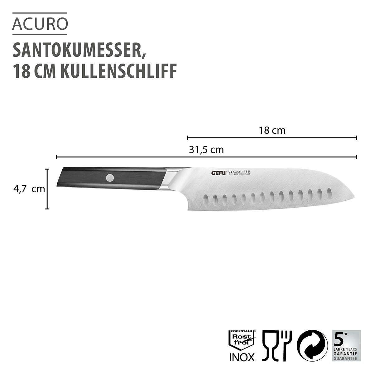 Santokumesser ACURO, 18 cm Kullenschliff