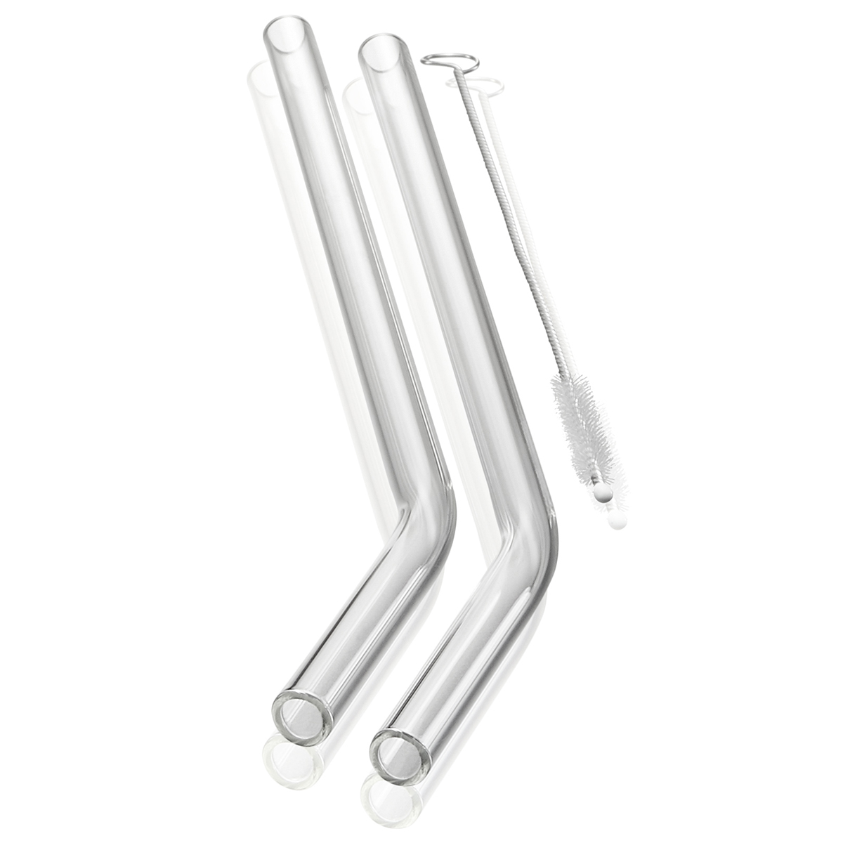 Zwei gebogene Glasstrohhalme und eine Reinigungsbürste