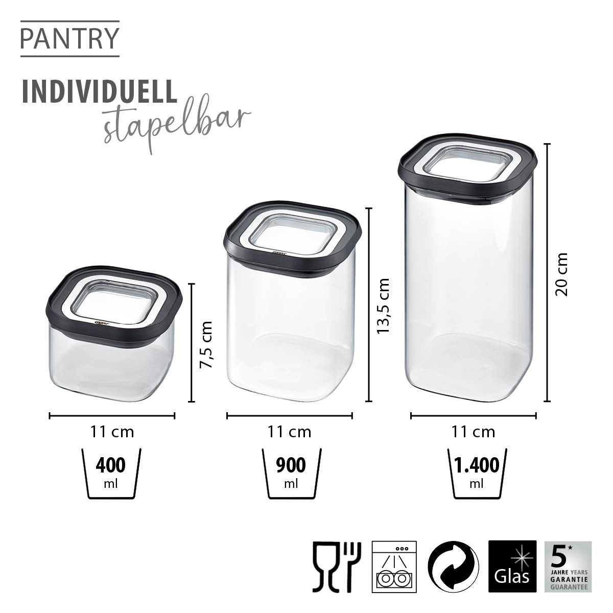 Stapelbare Glasbehälter mit Deckel - 400 ml, 900 ml und 1400 ml Drei verschieden große, stapelbare Glasbehälter mit schwarzem Deckel, geeignet für Lebensmittelaufbewahrung. Größen: 400 ml, 900 ml, 1400 ml.