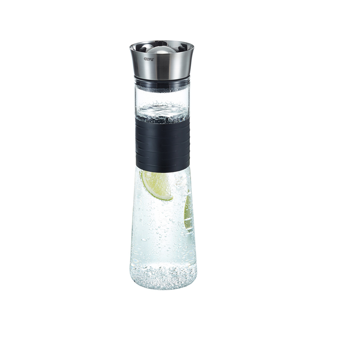 Wasserkaraffe mit Edelstahlverschluss und Limonen, 1 Liter Elegante Glaskaraffe mit Edelstahlverschluss, gefüllt mit Wasser und Limonenscheiben, 1 Liter Fassungsvermögen