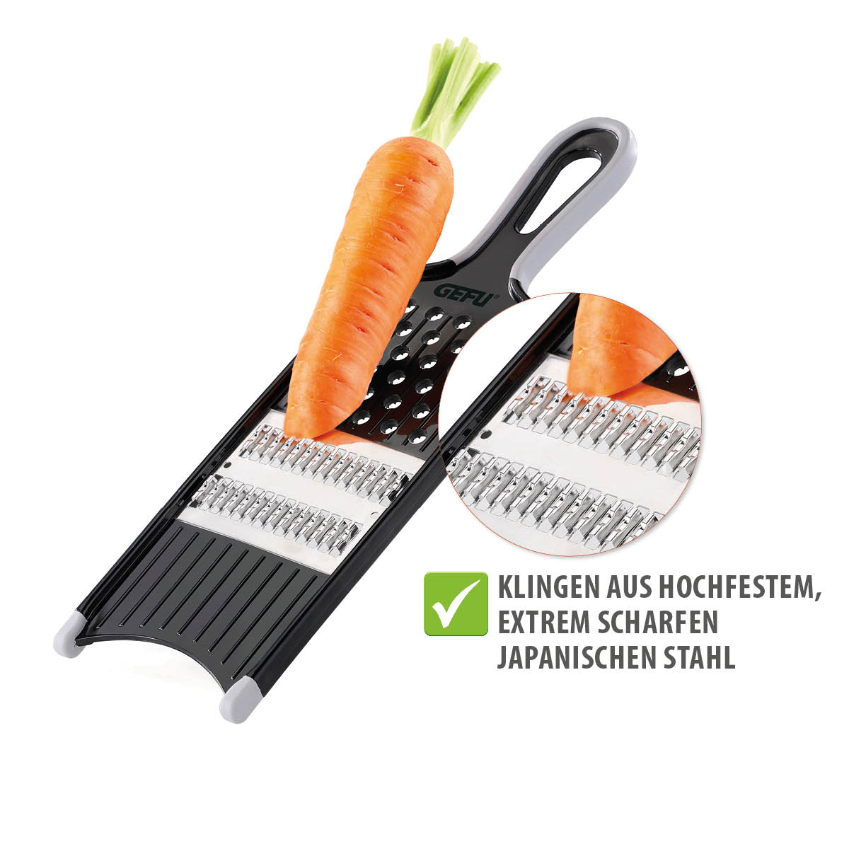 Hochwertige Reibe mit japanischem Stahl für präzises Schneiden Gemüsereibe mit scharfen Klingen aus japanischem Stahl und einer Karotte