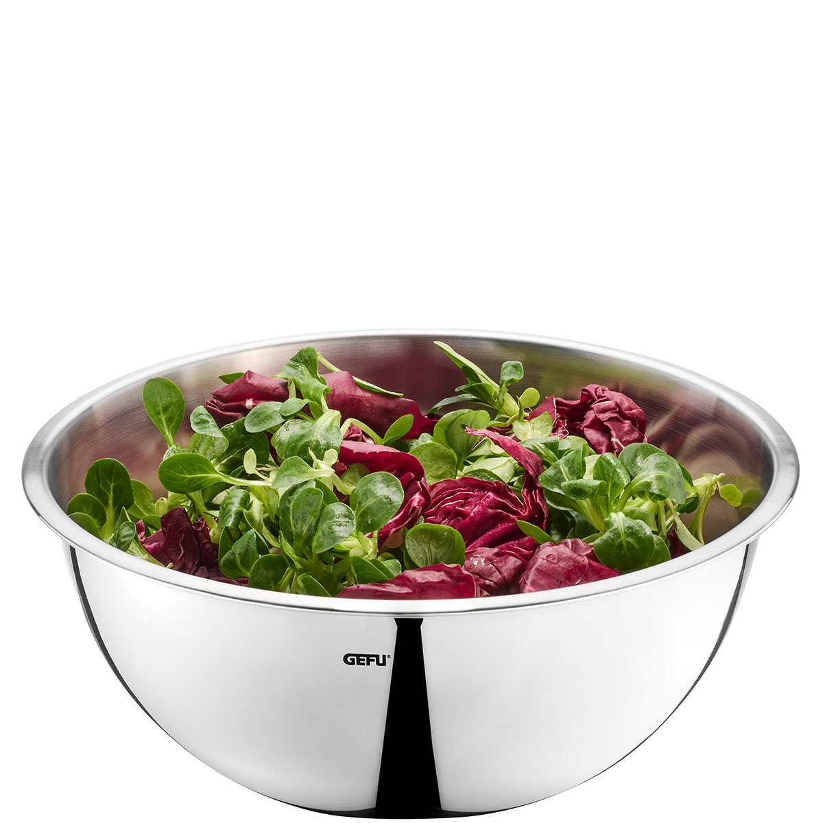 Edelstahl-Schüssel mit frischem Salat Edelstahl-Schüssel von GEFU gefüllt mit grünem Feldsalat und rotem Radicchio