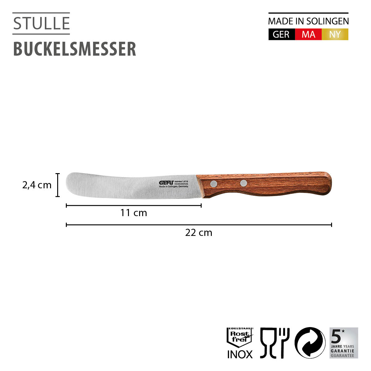 Buckelsmesser 22 cm aus rostfreiem Edelstahl mit Holzgriff, gefertigt in Solingen, Deutschland