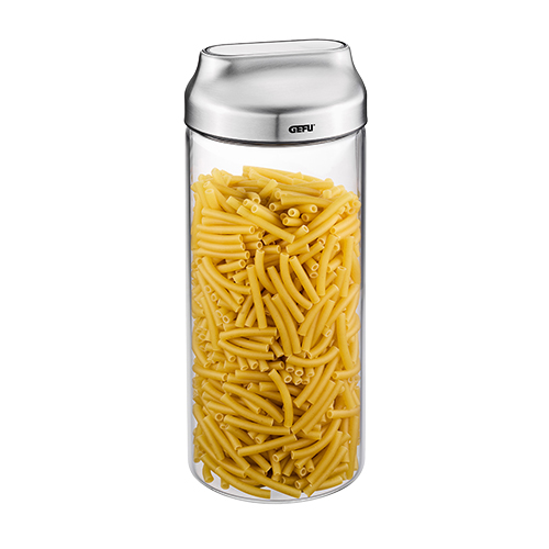 Glasvorratsbehälter mit Edelstahlverschluss, gefüllt mit gelben Nudeln