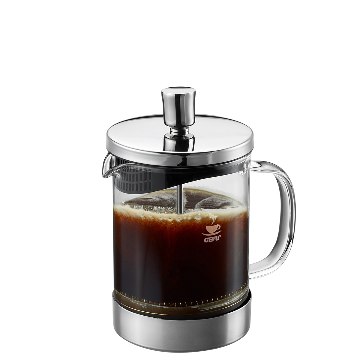 Hochwertige French Press Kaffeebereiter aus Glas und Edelstahl Elegante French Press mit verchromtem Griff und Deckel, gefüllt mit frisch aufgebrühtem Kaffee.