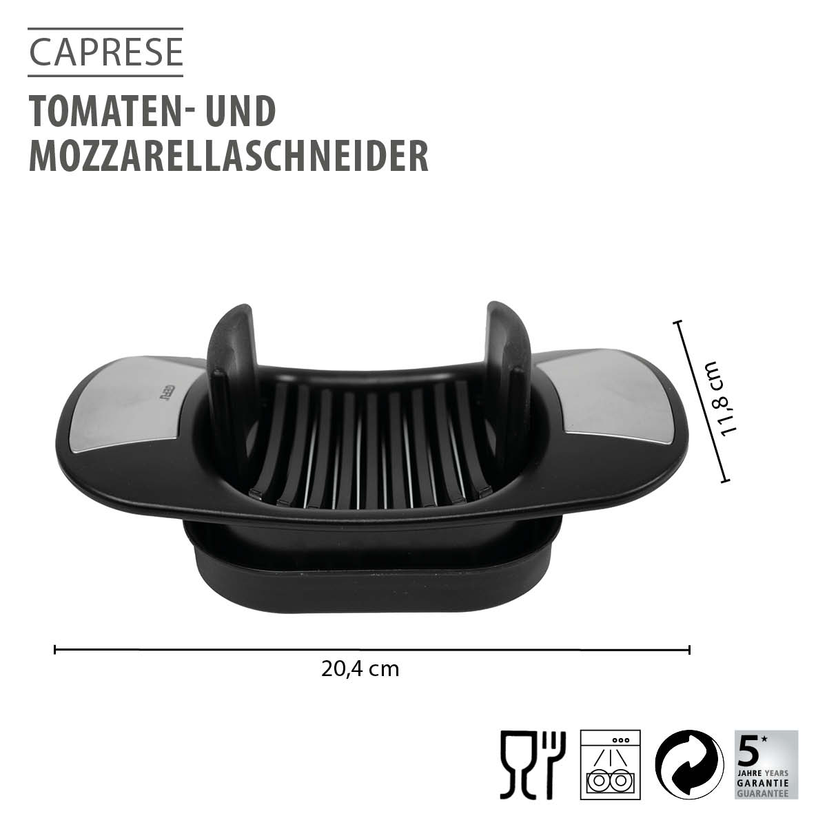 Tomaten- und Mozzarellaschneider in Schwarz mit Abmessungen 20,4 cm x 11,8 cm