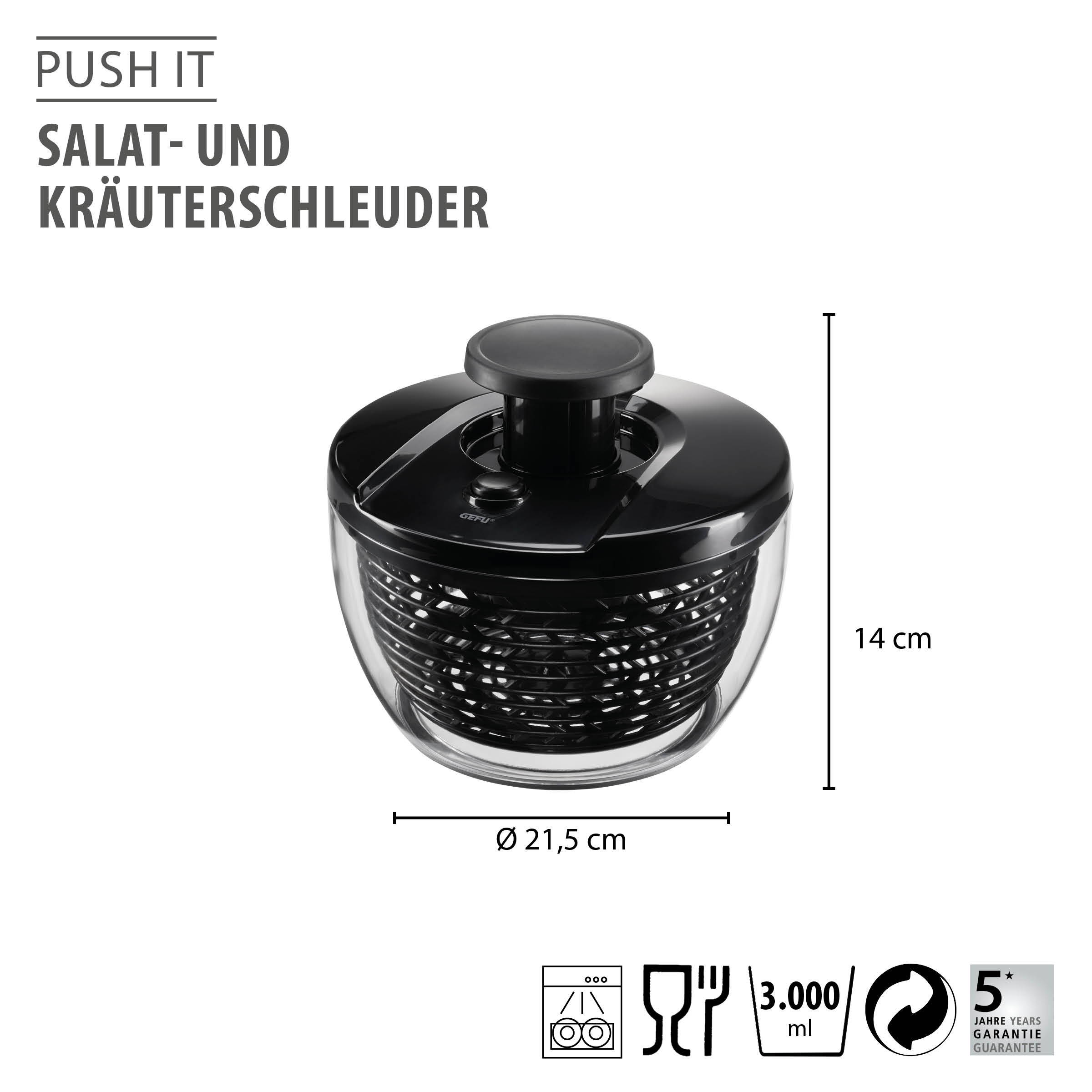 Produktabbildung der GEFU Salat- und Kräuterschleuder PUSH IT, 3 L, schwarz-transparent mit Push-Mechanismus, Stopp-Button und kompaktem Design für schonendes Trocknen von Salat und Kräutern