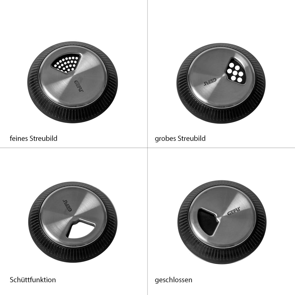 Vier Edelstahl-Deckel mit verschiedenen Öffnungen für feines oder grobes Streuen, Schüttfunktion und geschlossene Position