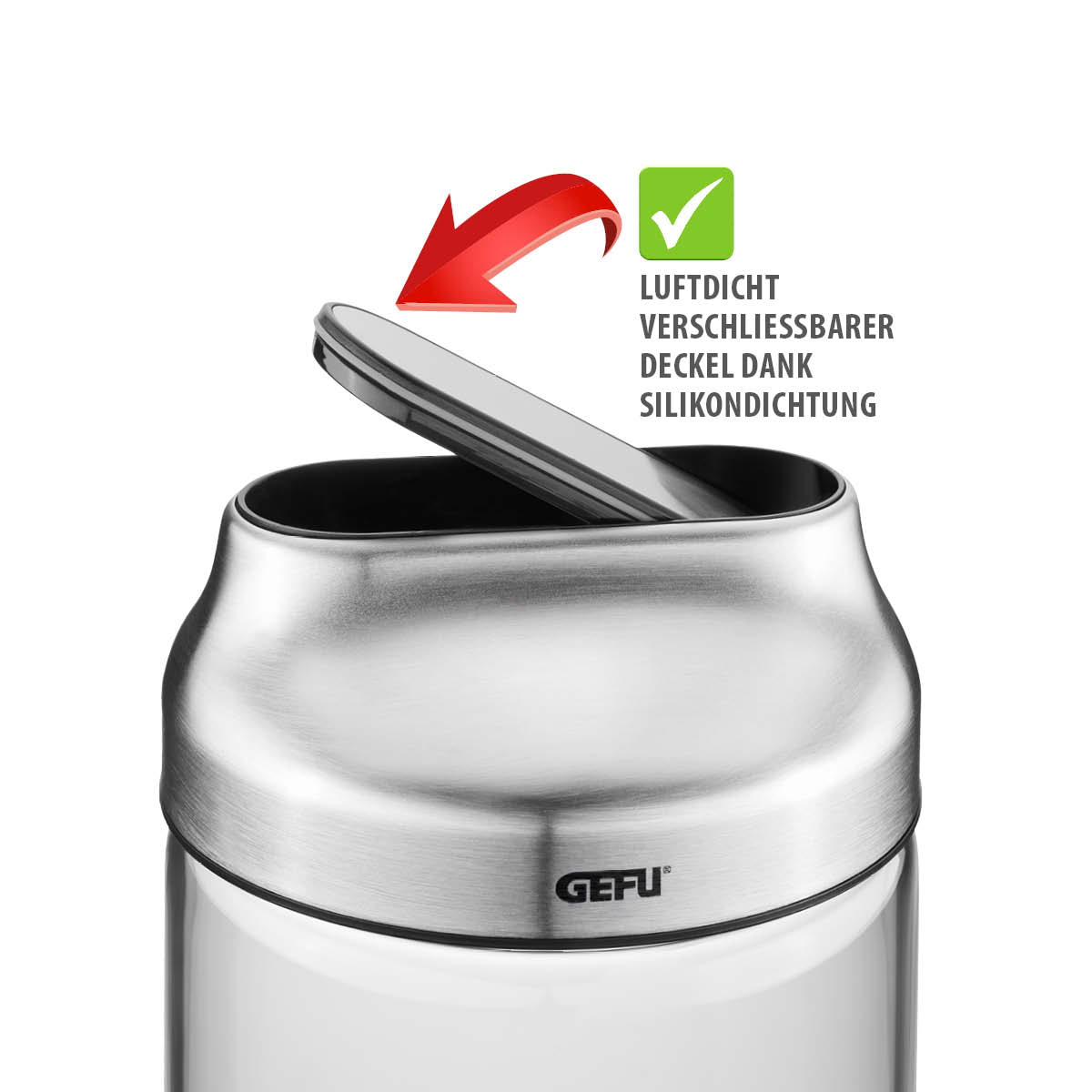 Luftdichter, verschließbarer Behälterdeckel mit Silikondichtung für Frische Edelstahlbehälter mit leicht geöffnetem, luftdicht verschließbarem Deckel und Silikondichtung