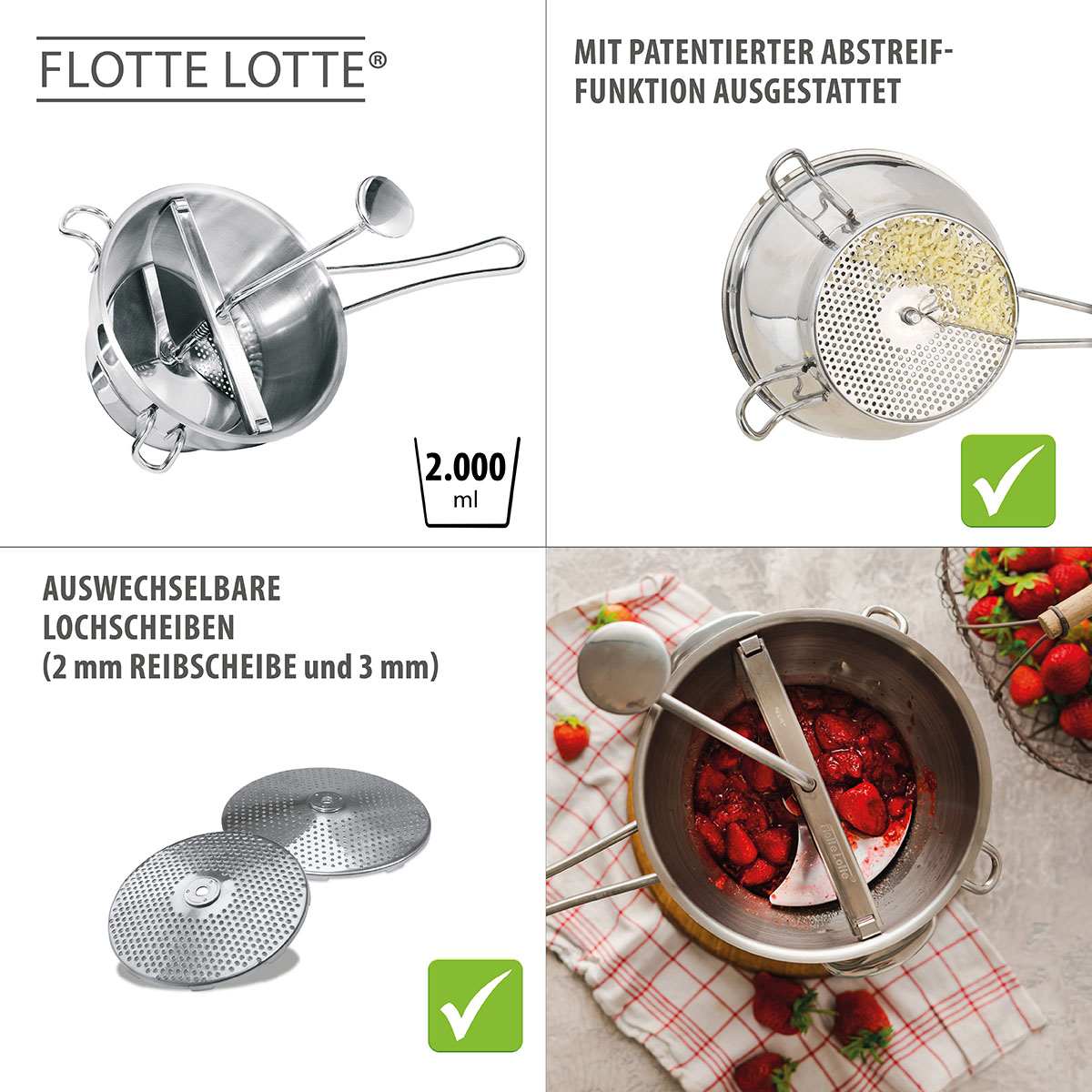 Flotte Lotte - Passiermühle mit austauschbaren Lochscheiben Flotte Lotte Passiermühle aus Edelstahl mit patentierter Abstreiffunktion und austauschbaren Lochscheiben, ideal für Soßen und Pürees