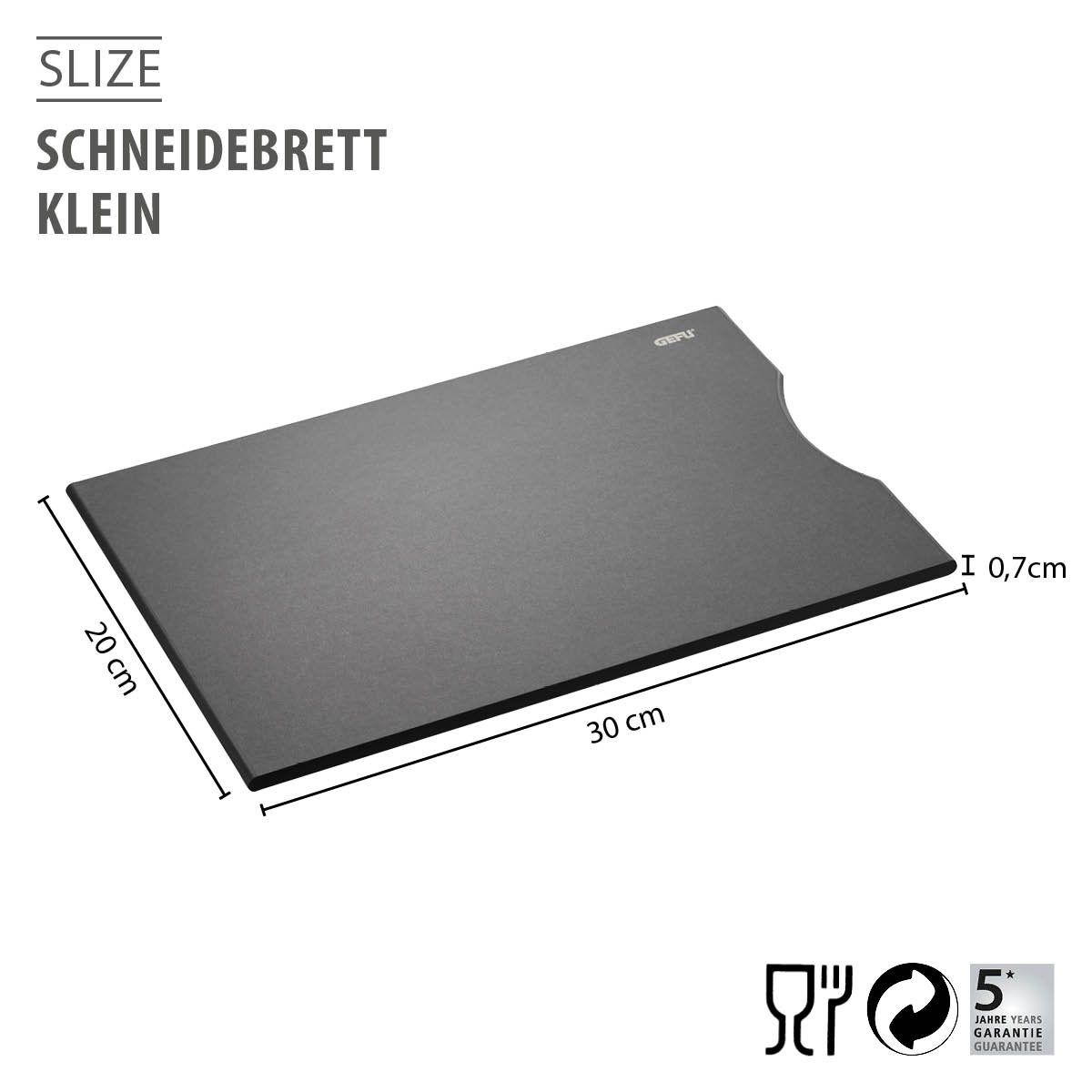 Kleines Schneidebrett mit den Maßen 30 cm x 20 cm und einer Dicke von 0,7 cm, ideal für kleine Küchen und präzises Schneiden von Lebensmitteln.