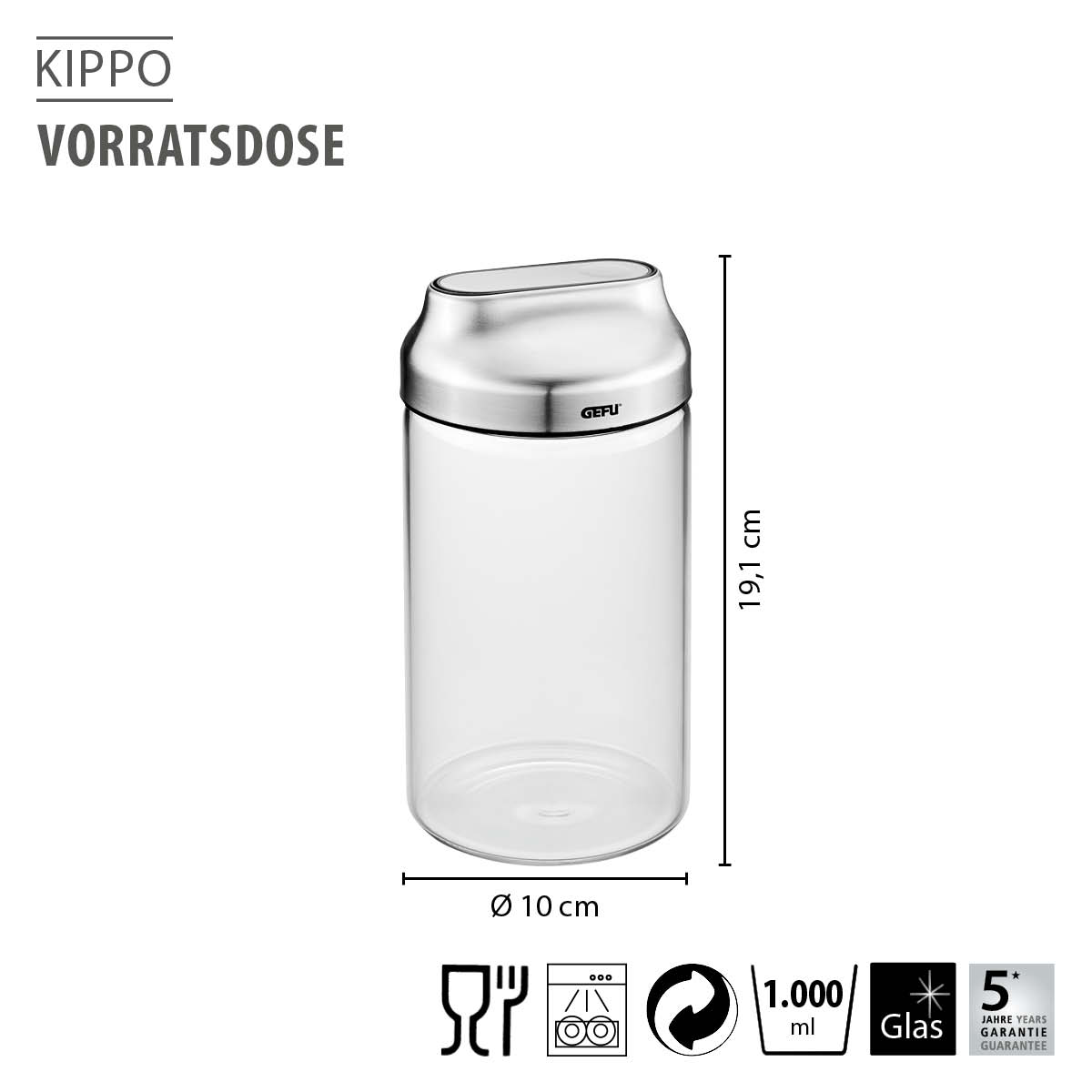 KIPPO Vorratsdose mit 1 Liter Volumen, Glassbehälter und Edelstahlverschluss, 19,1 cm hoch, 10 cm Durchmesser