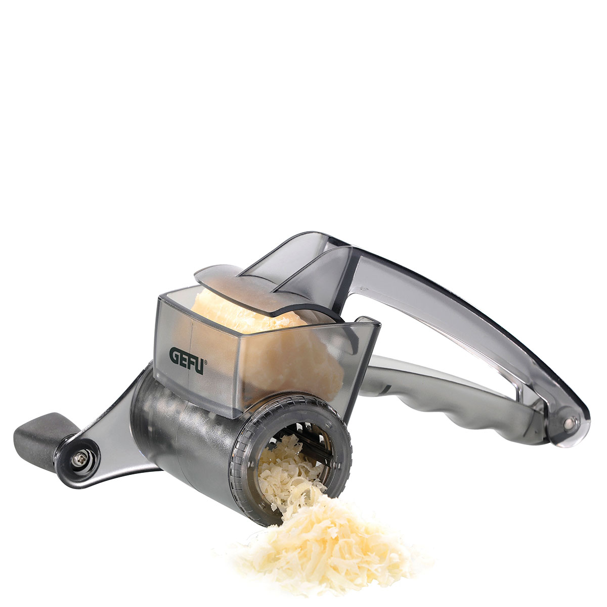 Manuelle Käsereibe aus Kunststoff mit schwarzem Griff und eingelegtem Käse Manuelle Käsereibe aus Kunststoff, ideal zum feinen Reiben von Käse, mit ergonomischem Griff und eingelegtem Käsestück