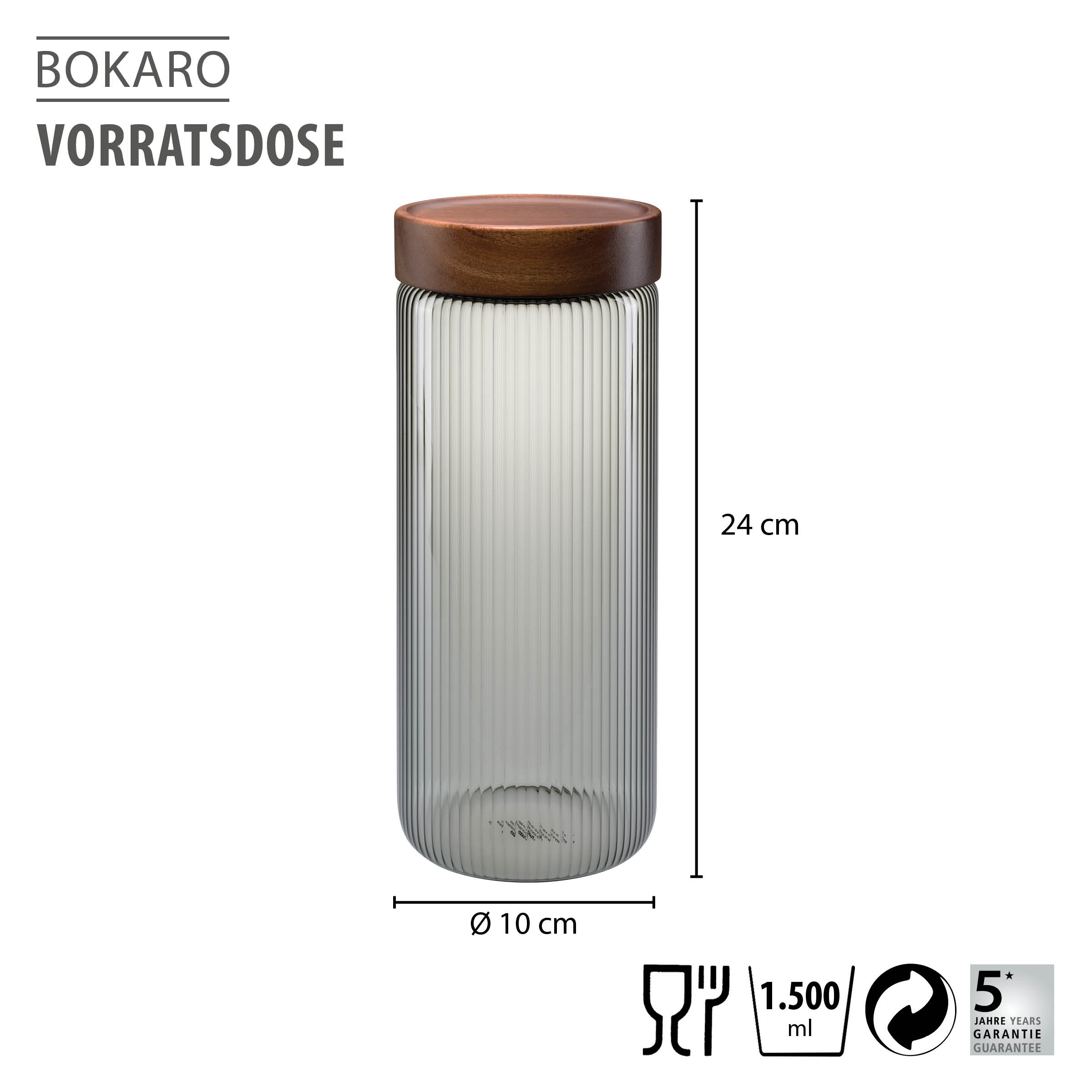 Vorratsdose GEFU BOKARO 1.500 ml, geriffeltes Borosilikatglas in smoke grey mit luftdicht schließendem Holzdeckel und Silikondichtung, ideal zur Aufbewahrung von Lebensmitteln