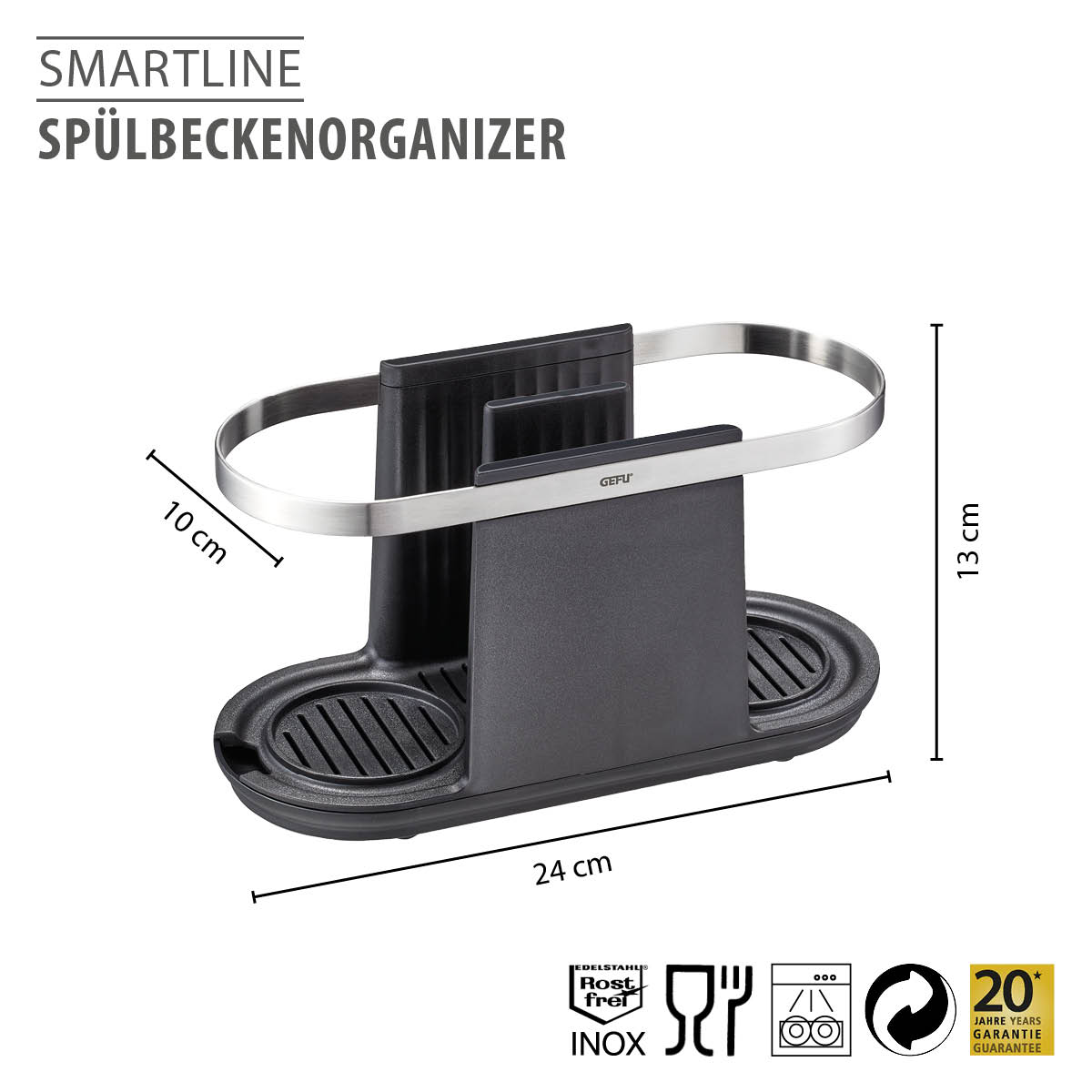SMARTLINE Spülbeckenorganizer - Praktische Aufbewahrungslösung für die Küche Schwarzer SMARTLINE Spülbeckenorganizer mit Edelstahlgriff, geeignet für die Aufbewahrung von Reinigungsutensilien in der Küche. Maße: 24 cm x 10 cm x 13 cm.