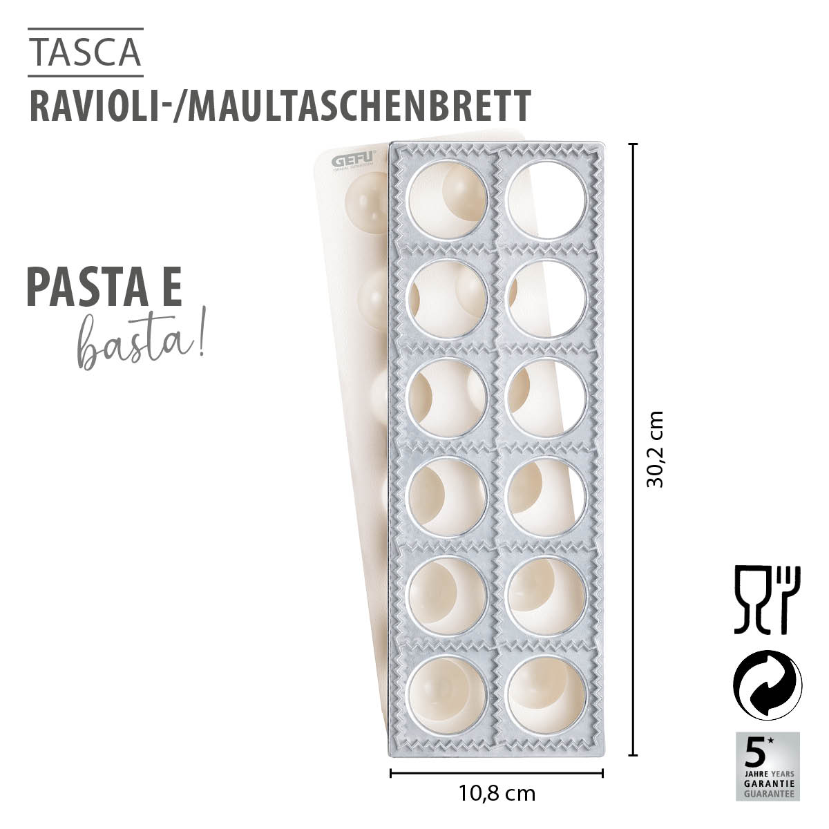 GEFU TASCA Ravioli- und Maultaschenbrett mit 10,8 x 30,2 cm Ravioli- und Maultaschenbrett von GEFU mit den Maßen 10,8 x 30,2 cm. Ideal für die Zubereitung von Pasta, mit 5 Jahren Garantie.