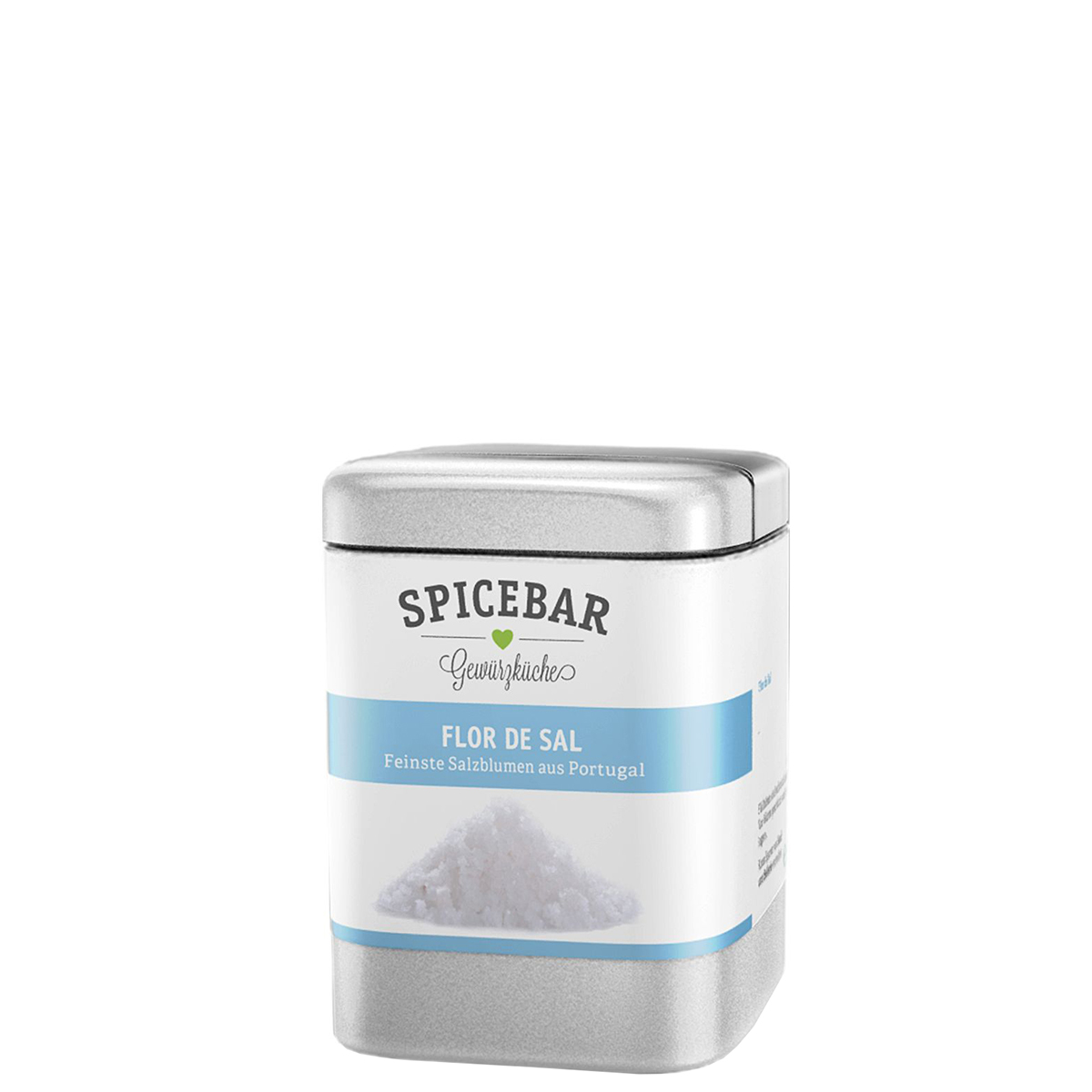 Spicebar Flor de Sal - Feinste Salzblumen aus Portugal Silberne Gewürzdose von Spicebar mit der Aufschrift 'Flor de Sal - Feinste Salzblumen aus Portugal'