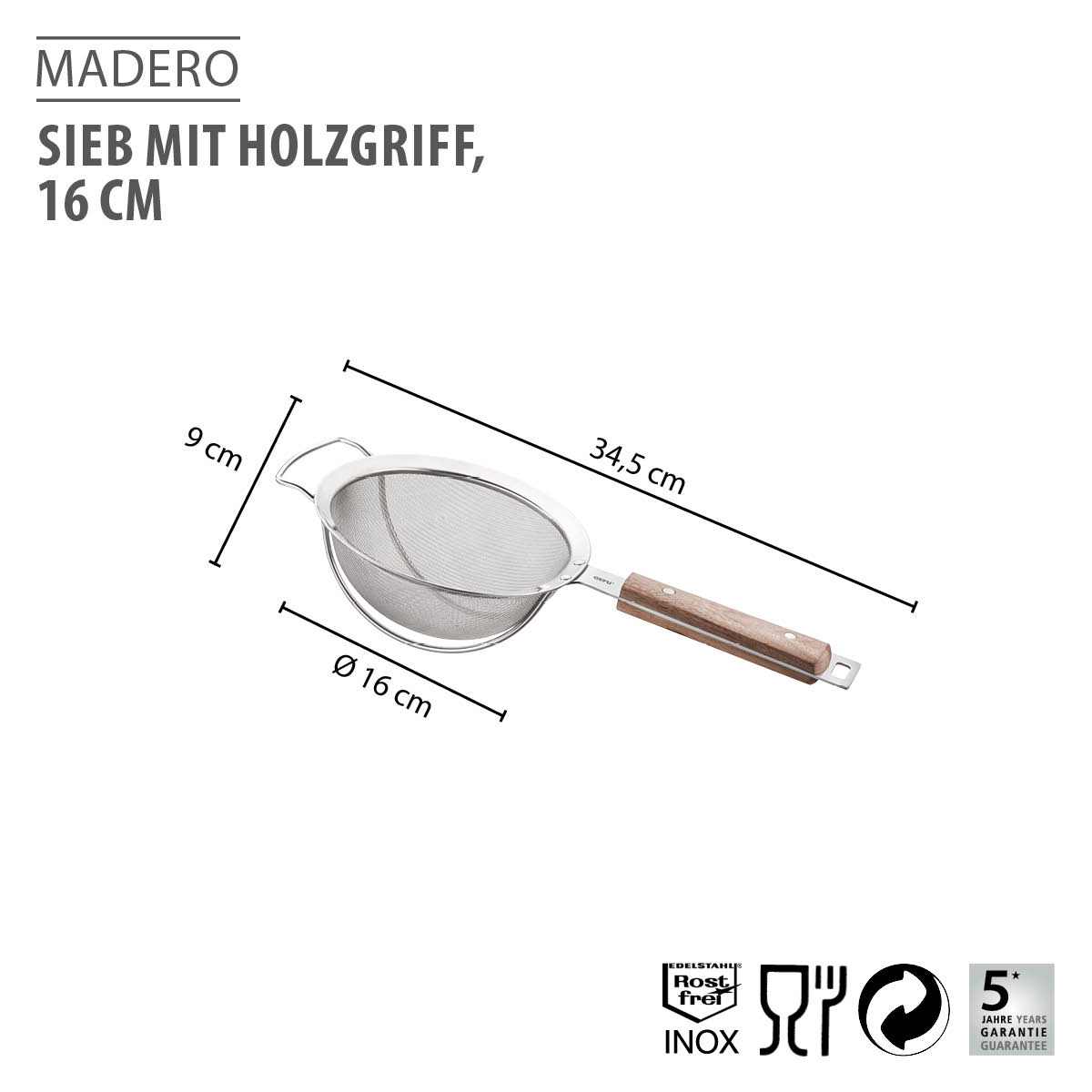 Sieve with wooden handle MADERO, 16 cm