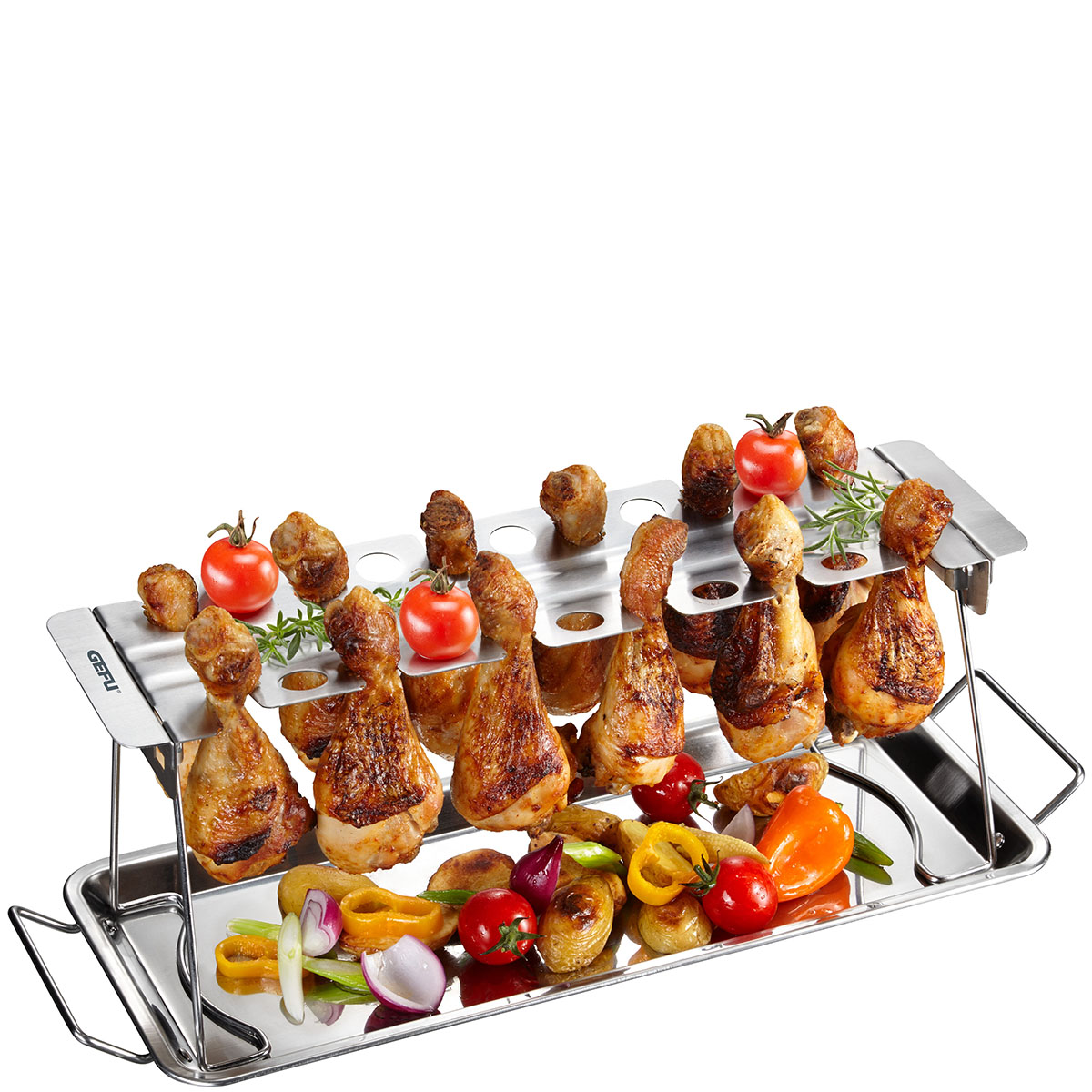 Hühnchenbräter aus Edelstahl mit Grillgemüse Edelstahl-Halterung für gegrillte Hähnchenschenkel mit Tomaten und Paprika auf einem Tablett