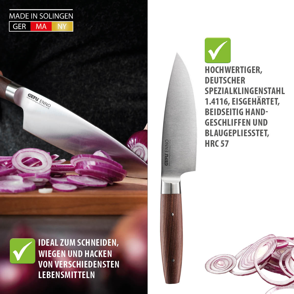 Hochwertiges Küchenmesser aus Solingen mit deutschem Spezialklingenstahl Küchenmesser ideal zum Schneiden, Wiegen und Hacken von Lebensmitteln, gefertigt aus deutschem Spezialklingenstahl 1.4116, eisgehärtet und handgeschliffen