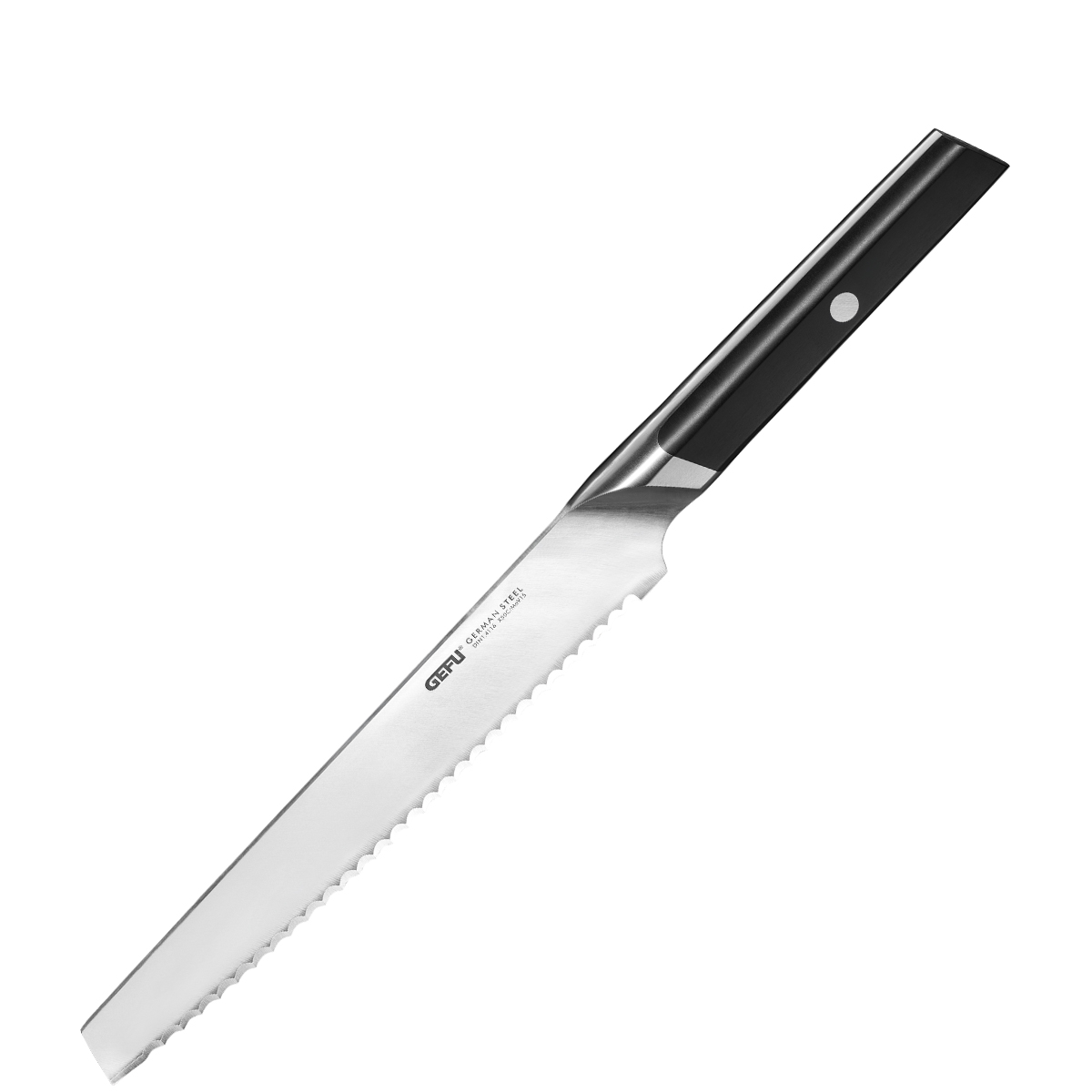 Ein Brotmesser aus Edelstahl mit schwarzem Griff und Wellenschliff zum Schneiden von Brot