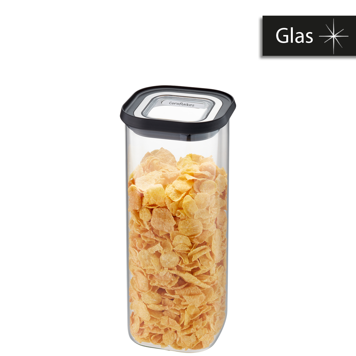 Luftdichter Glasbehälter für Cornflakes mit schwarzem Deckel Ein transparenter Glasbehälter gefüllt mit Cornflakes, ausgestattet mit einem luftdichten schwarzen Deckel, ideal zur Aufbewahrung von Frühstücksflocken.