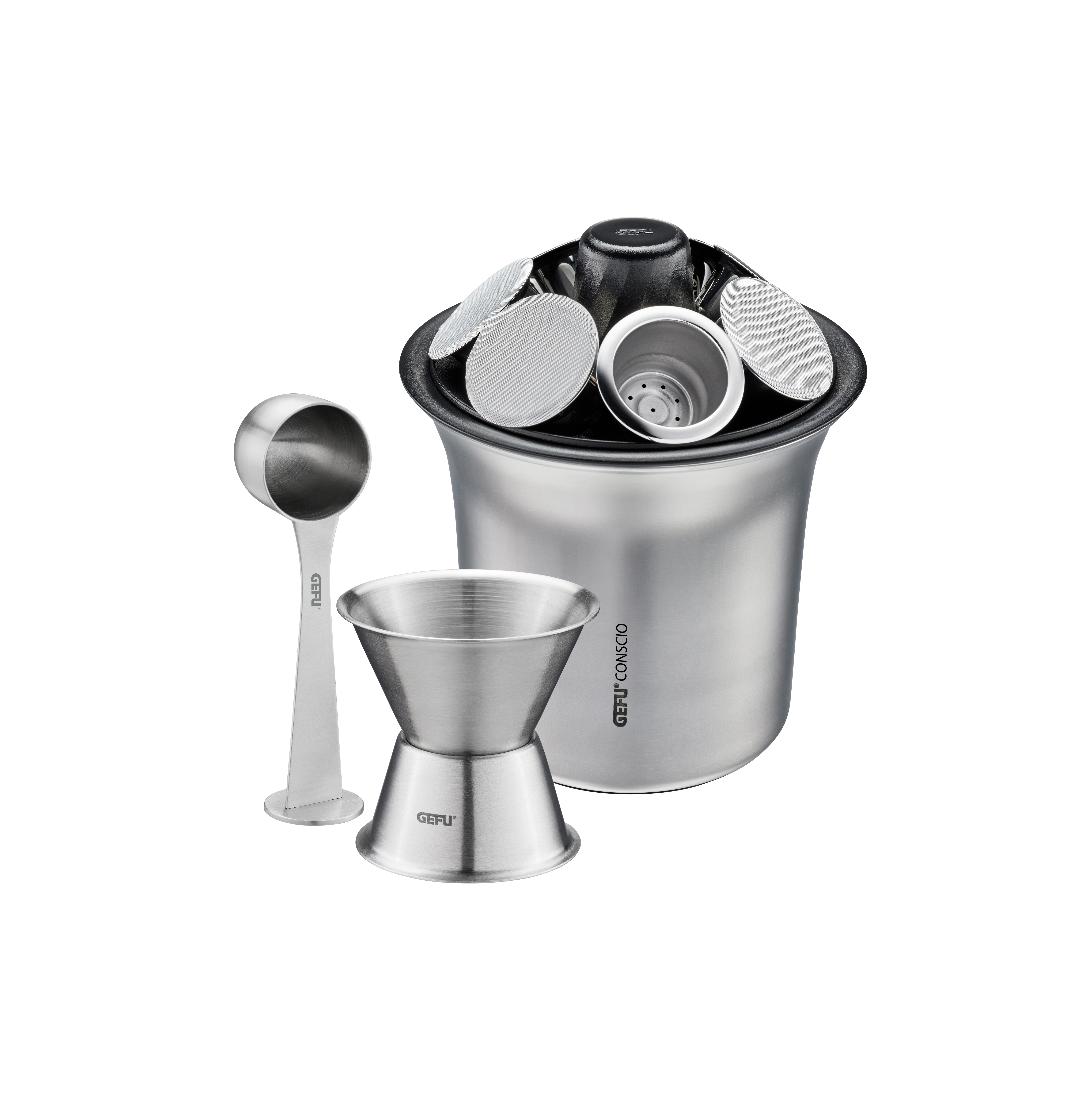GEFU Cilio Edelstahl Kaffeezubehör-Set GEFU Cilio Edelstahl Kaffeezubehör-Set mit Filter, Messlöffel und Kaffeefilterhalter, ideal für Kaffeezubereitung