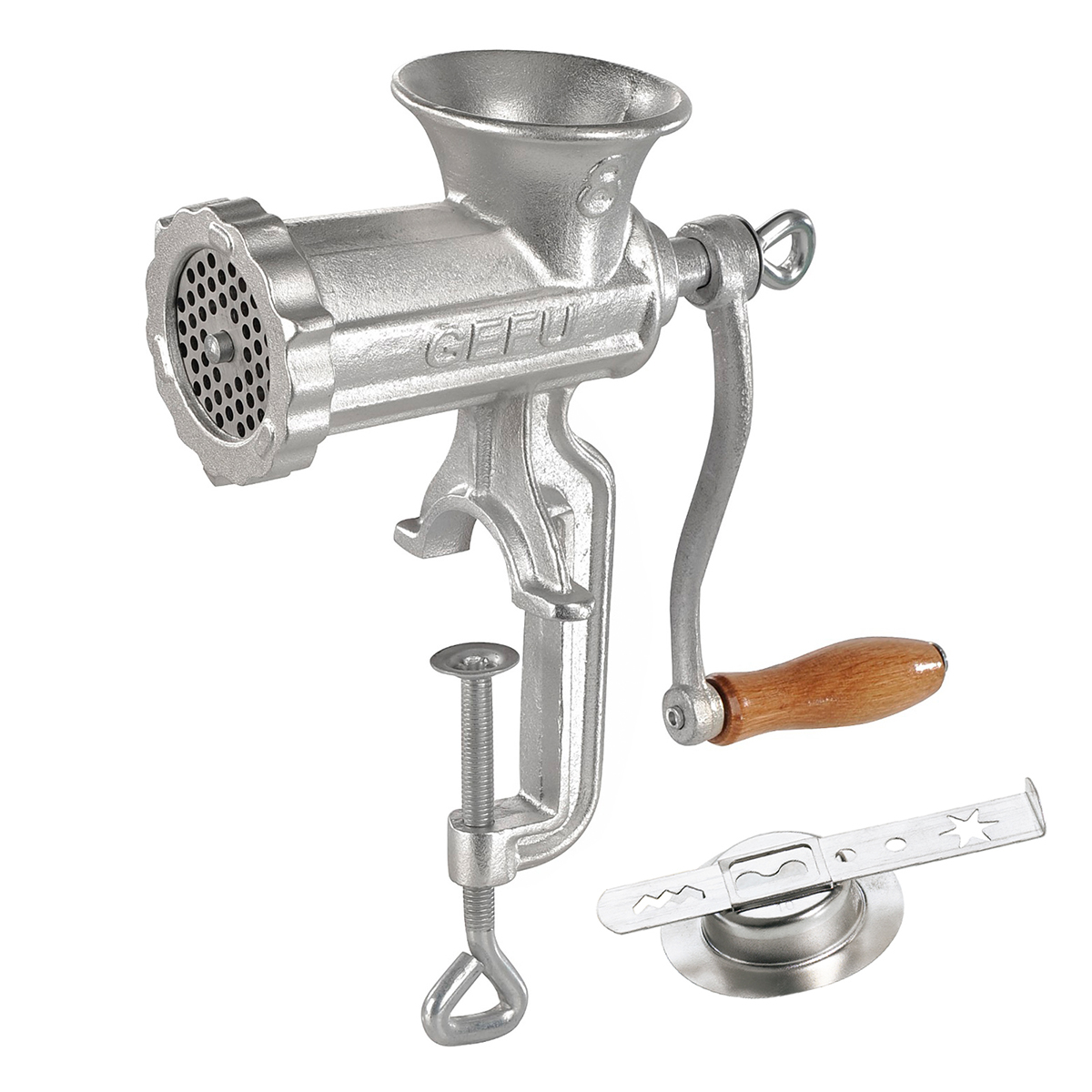 Traditionelle manuelle Fleischwolf mit Handkurbel aus Metall und Holzgriff Ein traditioneller manueller Fleischwolf aus Metall mit einer Handkurbel und einem Holzgriff, ideal zum Zerkleinern von Fleisch und Speisen.