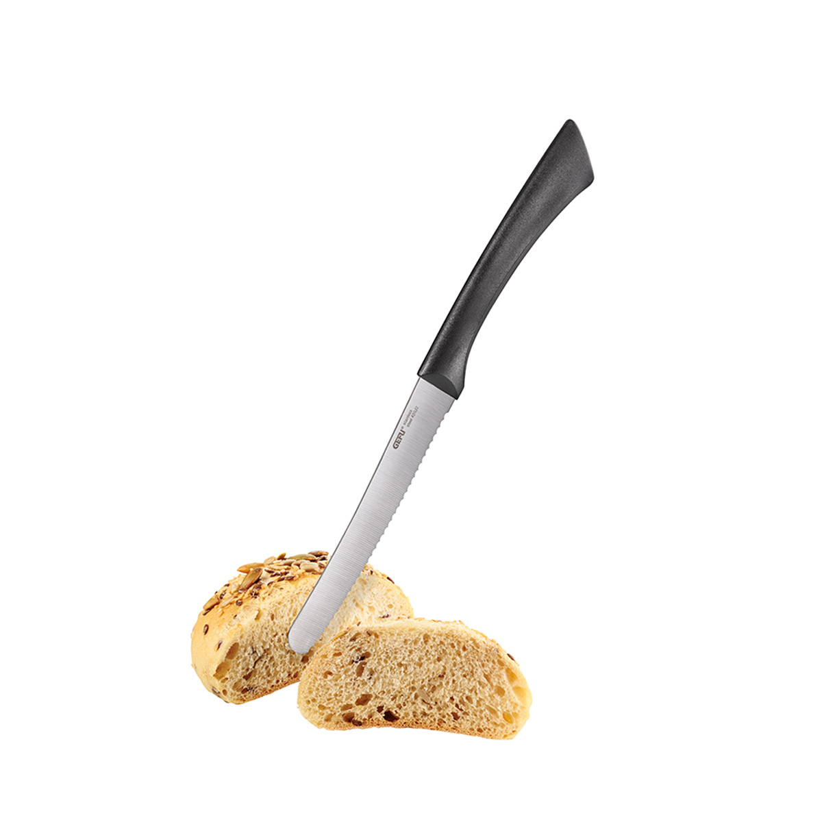 Brotmesser mit ergonomischem Griff und Brotscheibe Ergonomisches Brotmesser schneidet frische Scheibe Brot
