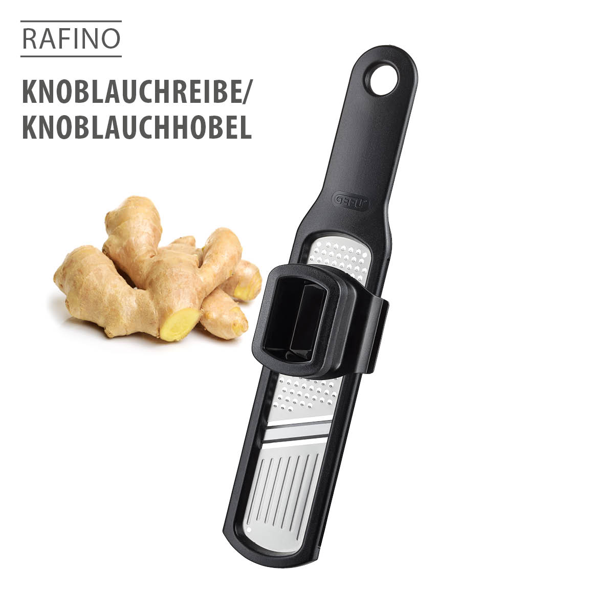 Knoblauchhobel und Knoblauchreibe von RAFINO neben Ingwer