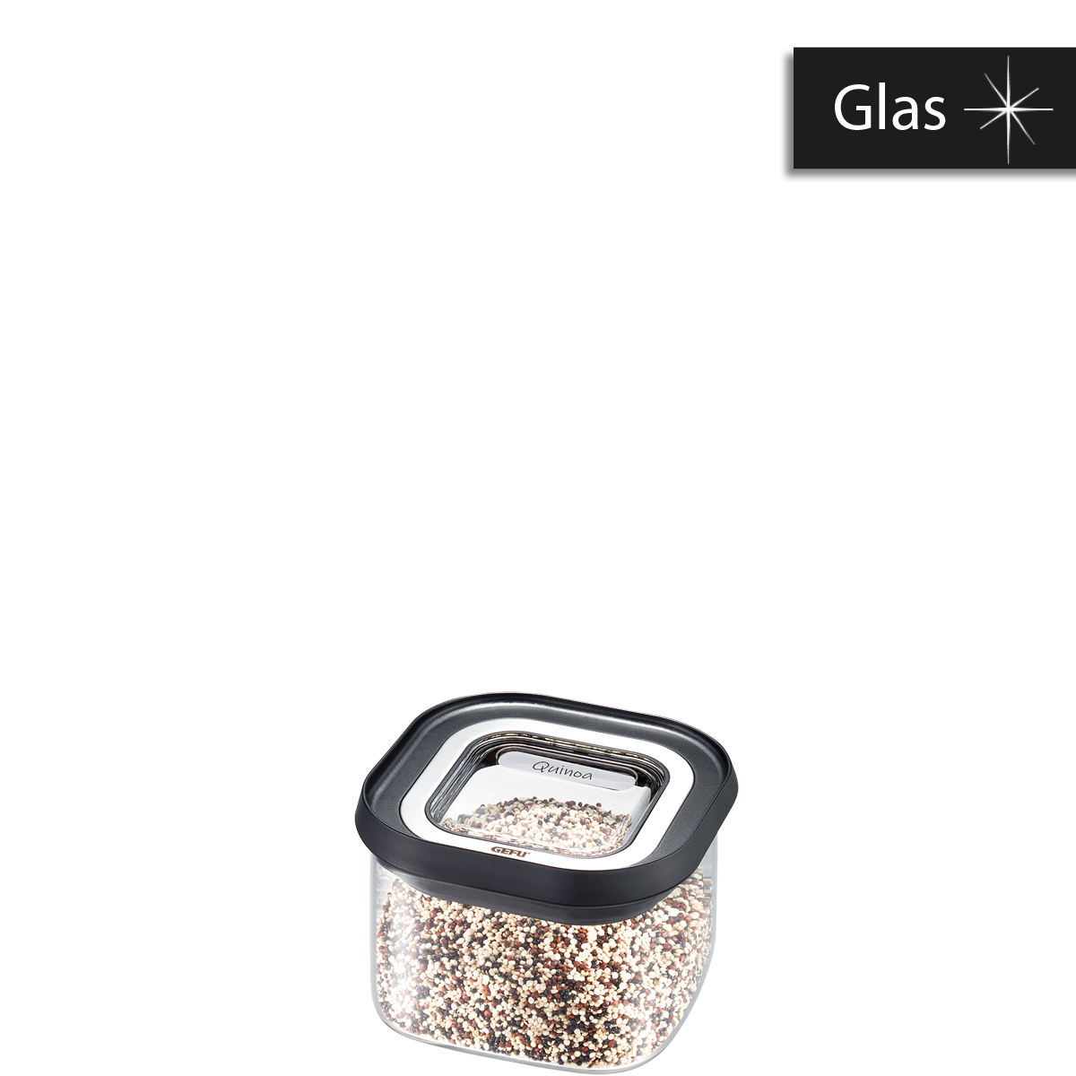 Hochwertiger Glasbehälter mit schwarzem Deckel zur Aufbewahrung von Quinoa Transparenter Glasbehälter mit schwarzem Deckel, gefüllt mit Quinoa