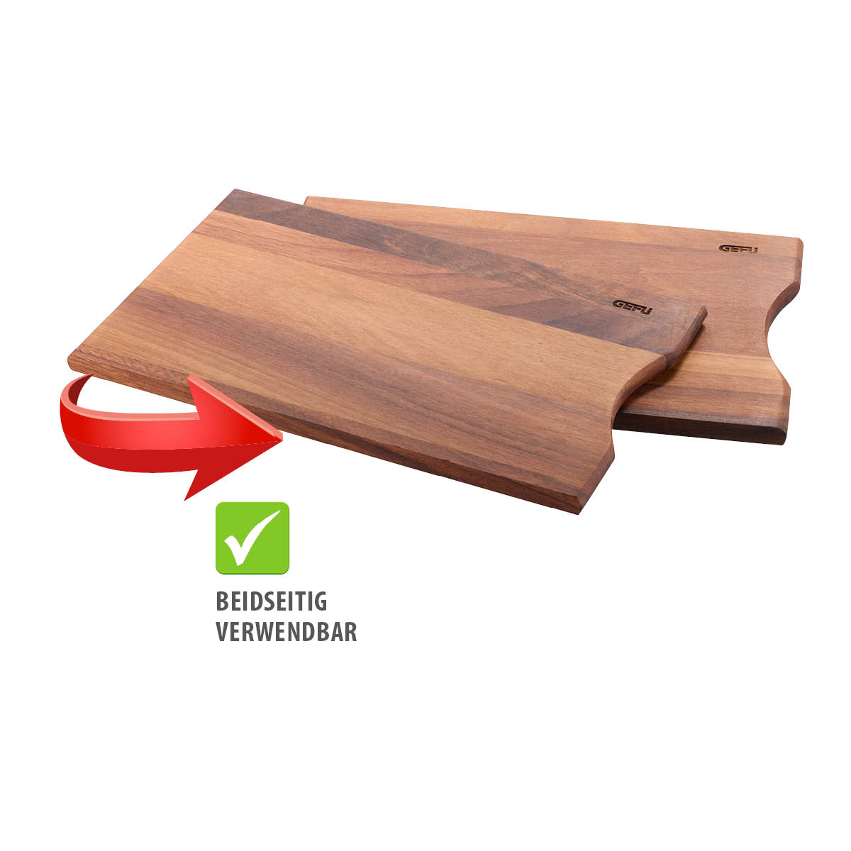 Zwei GEFU Holzschneidebretter, beidseitig verwendbar, mit rotem Pfeil und grünem Häkchen-Symbol