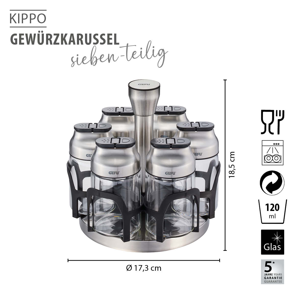 GEFU Gewürzkarussell Kippo, sieben-teilig, Edelstahl und Glas Sieben-teiliges GEFU Gewürzkarussell Kippo aus Edelstahl und Glas mit Gewürzbehältern, Ø 17,3 cm, Höhe 18,5 cm