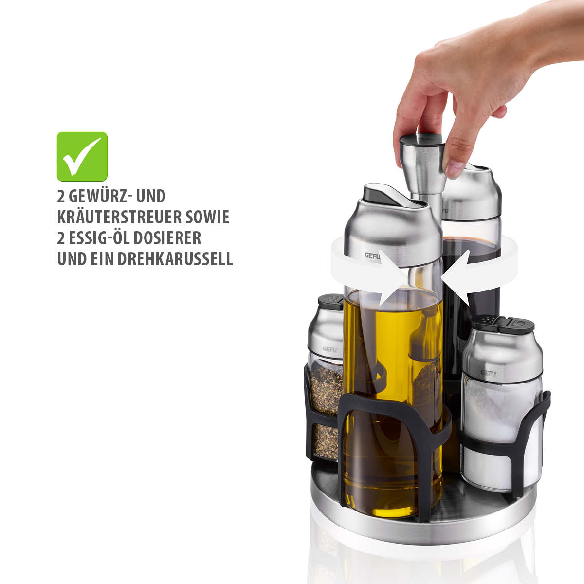 Praktisches Drehkarussell mit 2 Gewürz- und Kräuterstreuern sowie 2 Essig-Öl Dosierern Ein Drehkarussell für die Küche mit zwei Gewürzstreuern und zwei Essig-Öl Dosierern, aus Edelstahl.