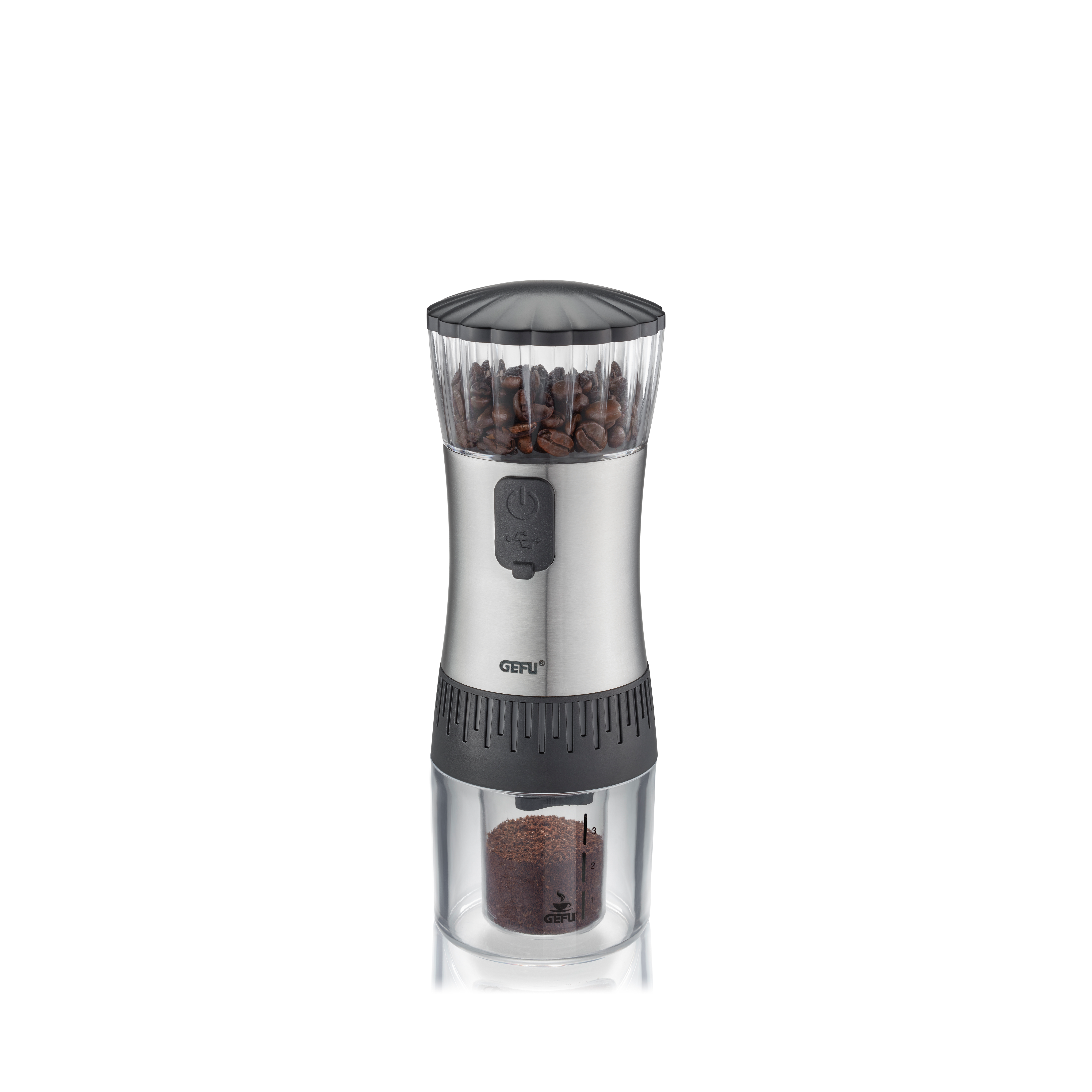 Elektrische Kaffeemühle mit Edelstahlgehäuse und Sichtfenster Elektrische Kaffeemühle mit Edelstahlgehäuse, gefüllt mit Kaffeebohnen