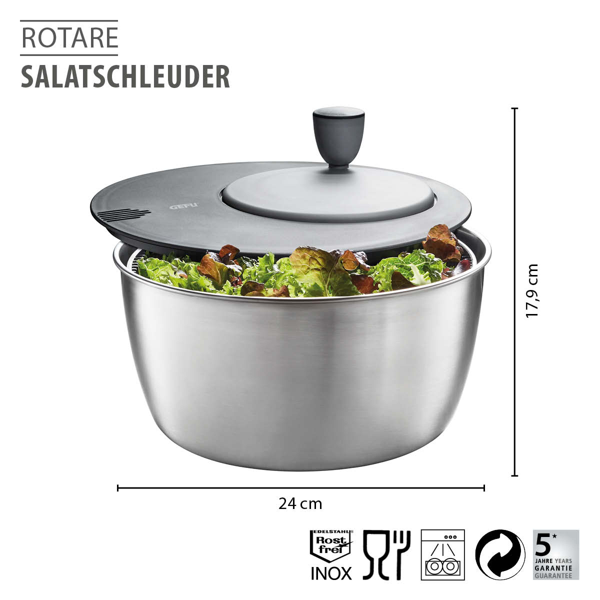 Rostfreie Edelstahl-Salatschleuder ROTARE, 24 cm Durchmesser, 17,9 cm Höhe Edelstahl-Salatschleuder ROTARE mit 24 cm Durchmesser, befüllt mit frischem Salat, rostfrei und langlebig