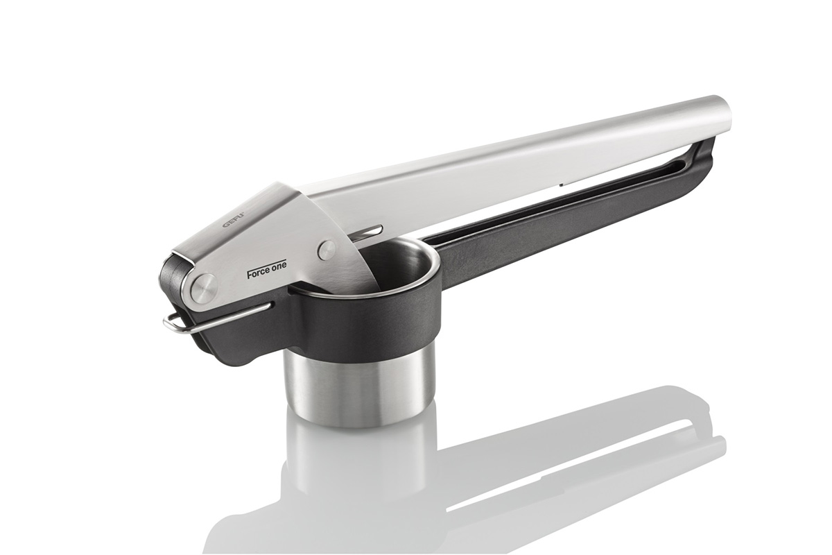 Hochwertige Edelstahl-Knoblauchpresse mit ergonomischem Griff Knoblauchpresse aus Edelstahl mit ergonomischem Griff und modernem Design