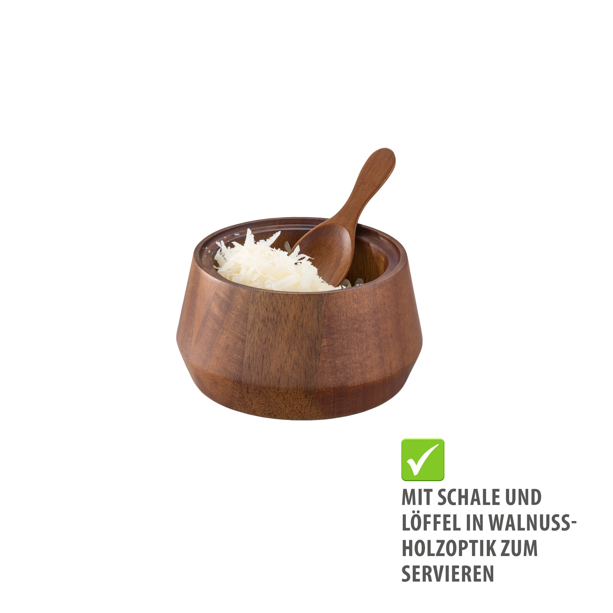 Schale und Löffel in Walnussholzoptik der GEFU Kegelreibe CASEO, gefüllt mit frisch geriebenem Käse zum direkten Servieren am Tisch