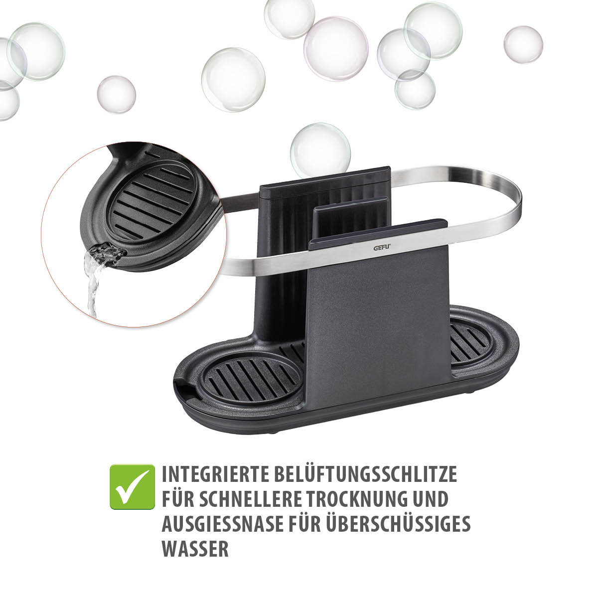 Abtropfständer mit Ablaufrinne und Belüftungsschlitzen Praktischer Abtropfständer mit integrierten Belüftungsschlitzen für schnelles Trocknen und Ausgießnase zur einfachen Entsorgung von überschüssigem Wasser.