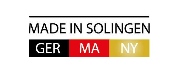 Hochwertige Produkte aus Solingen, Deutschland Logo mit Aufschrift 'Made in Solingen, Germany' in den Farben der deutschen Flagge