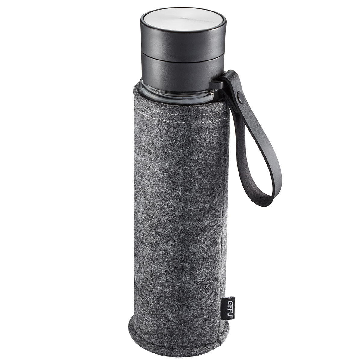 Hochwertige Glasflasche mit Filzhülle und Trageschlaufe Glasflasche mit grauer Filzhülle und schwarzer Trageschlaufe